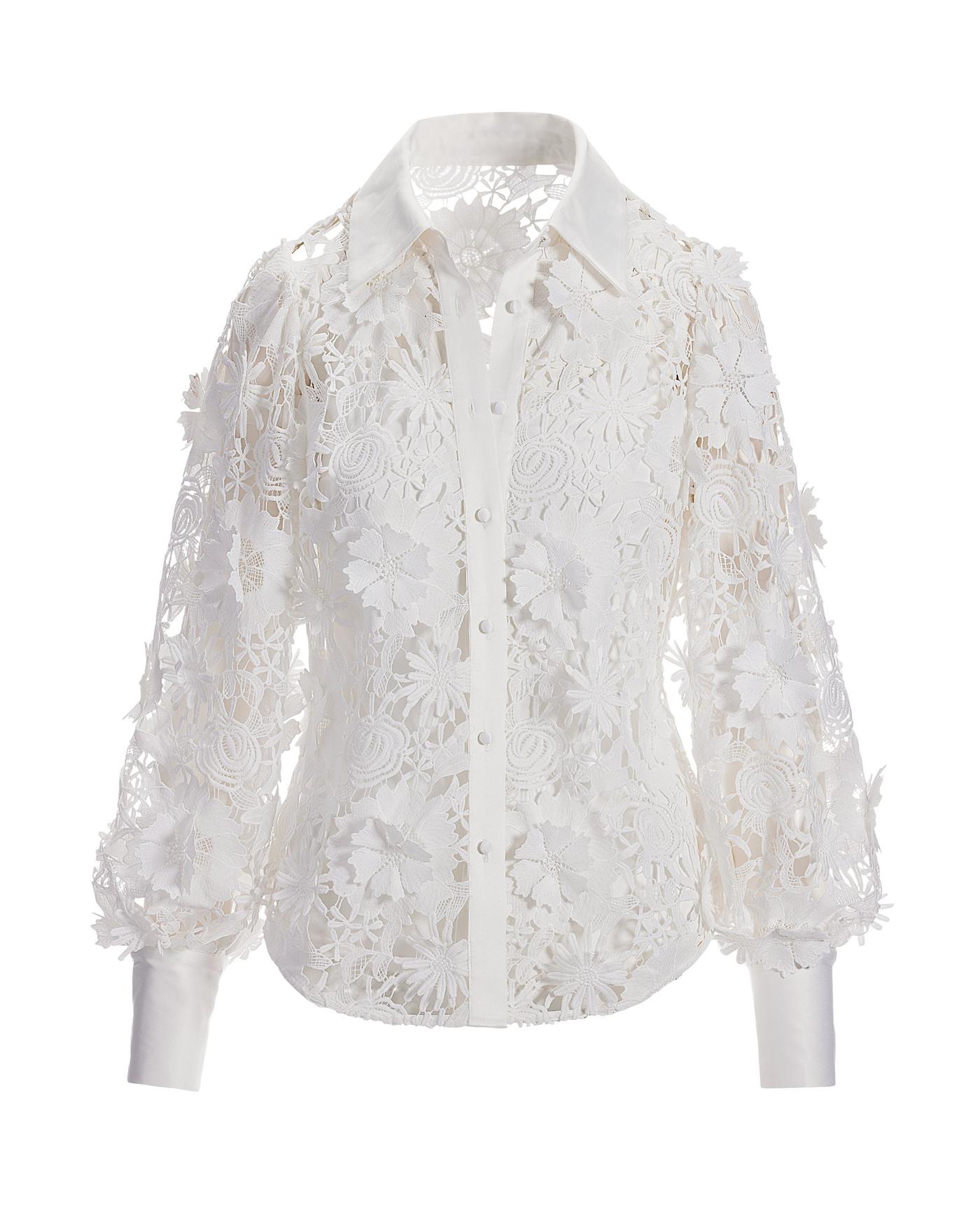 3D Floral Lace Victoria Chic Drama Sleeve Shirt - White | Boston