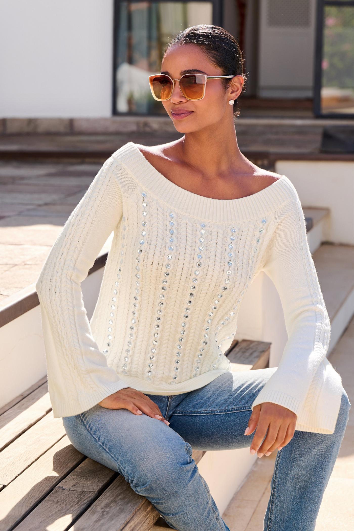 Rhinestone Embellished Off The Shoulder Sweater - Off White Rhinestone Embellished Off The Shoulder Sweater - Off White