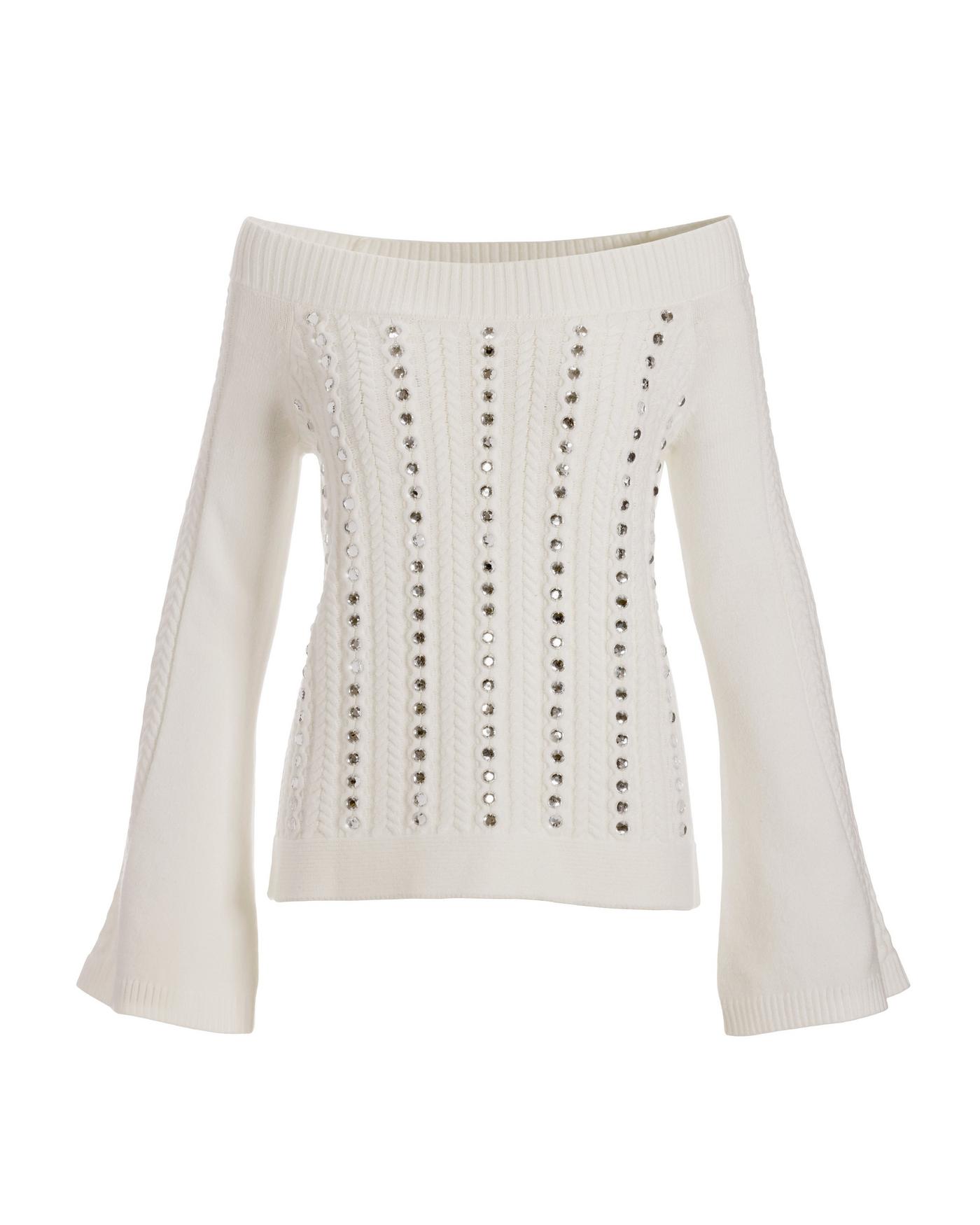 Rhinestone Embellished Off The Shoulder Sweater - Off White