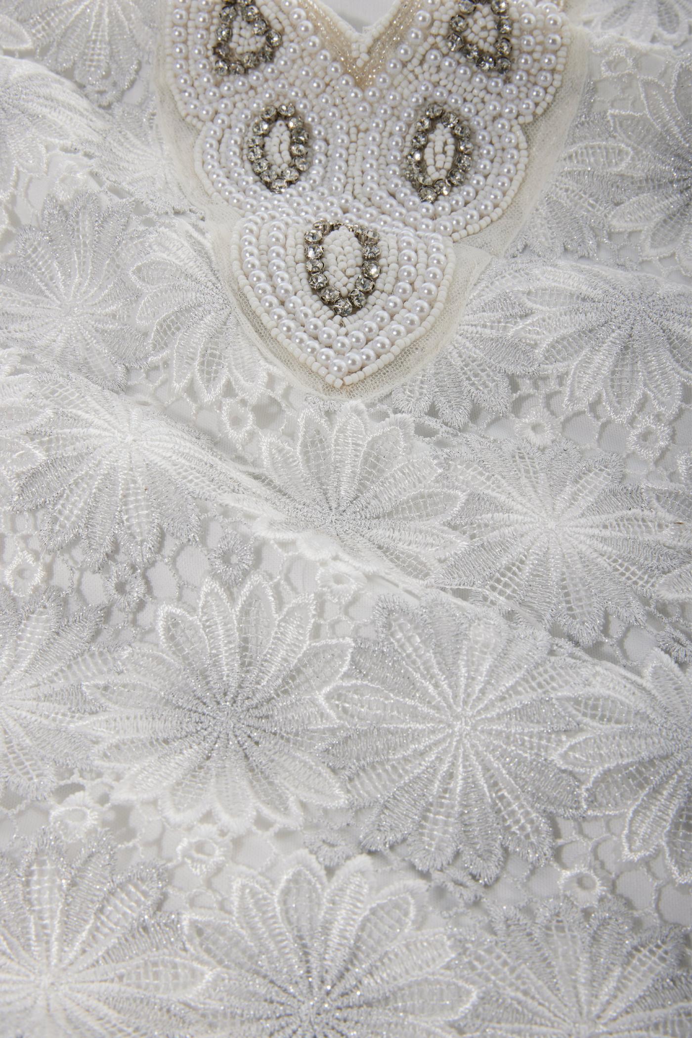 Embellished Metallic Floral Lace Tunic Dress White Silver