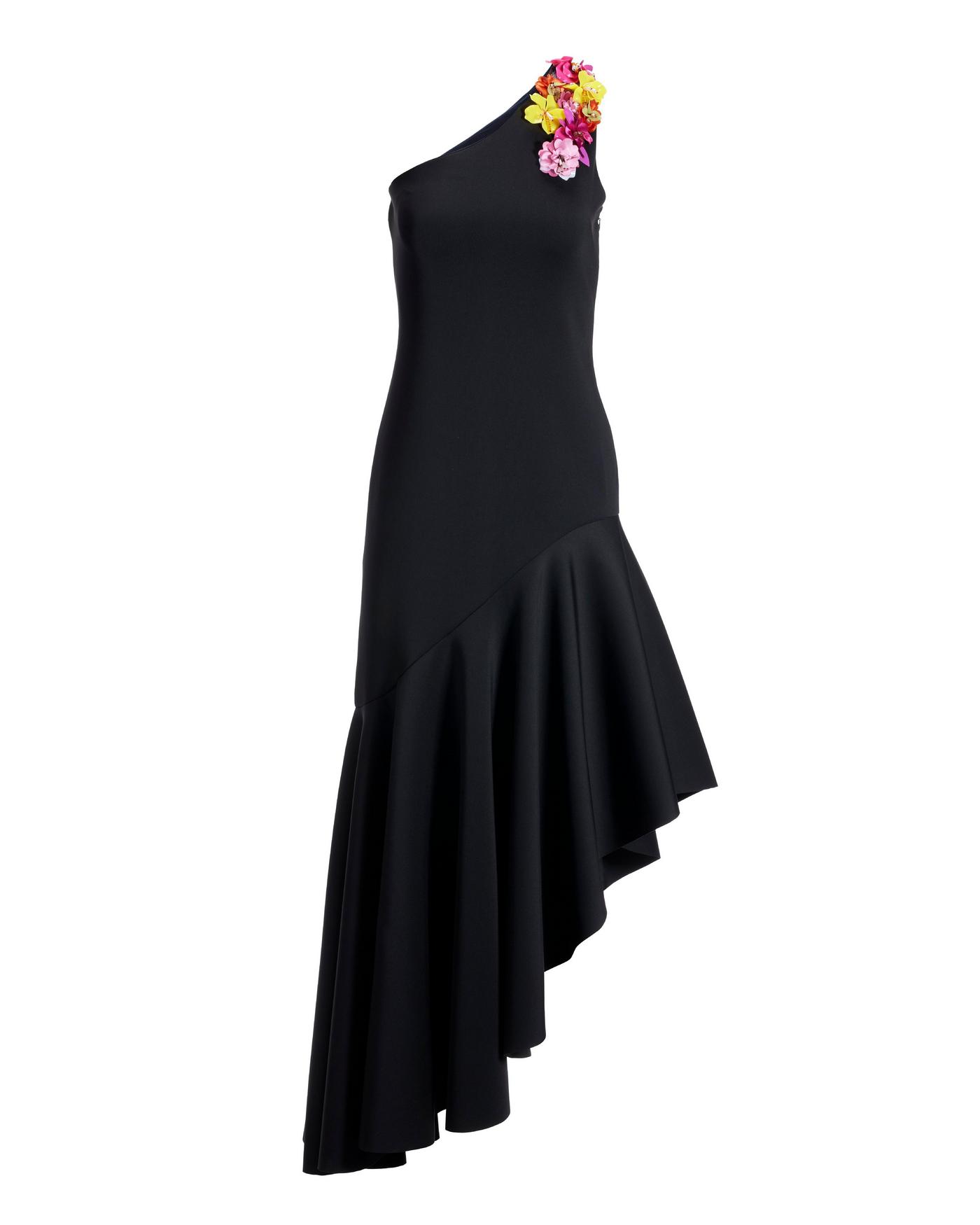 One-Shoulder 3D Floral High-Low Gown - Black | Boston Proper