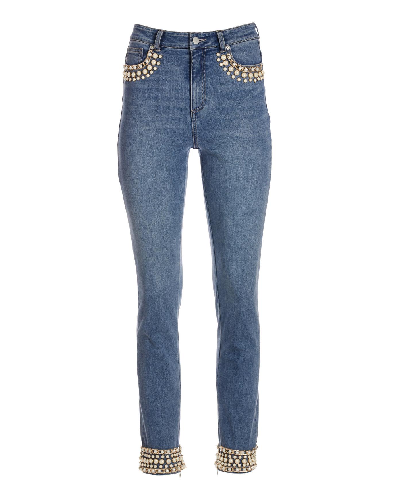 【CLOUDEMOTION】Pearl Embellished Jeans パール装飾ジーンズ Pearl Embellished High Rise Jeans | Bar T Boutique LLC