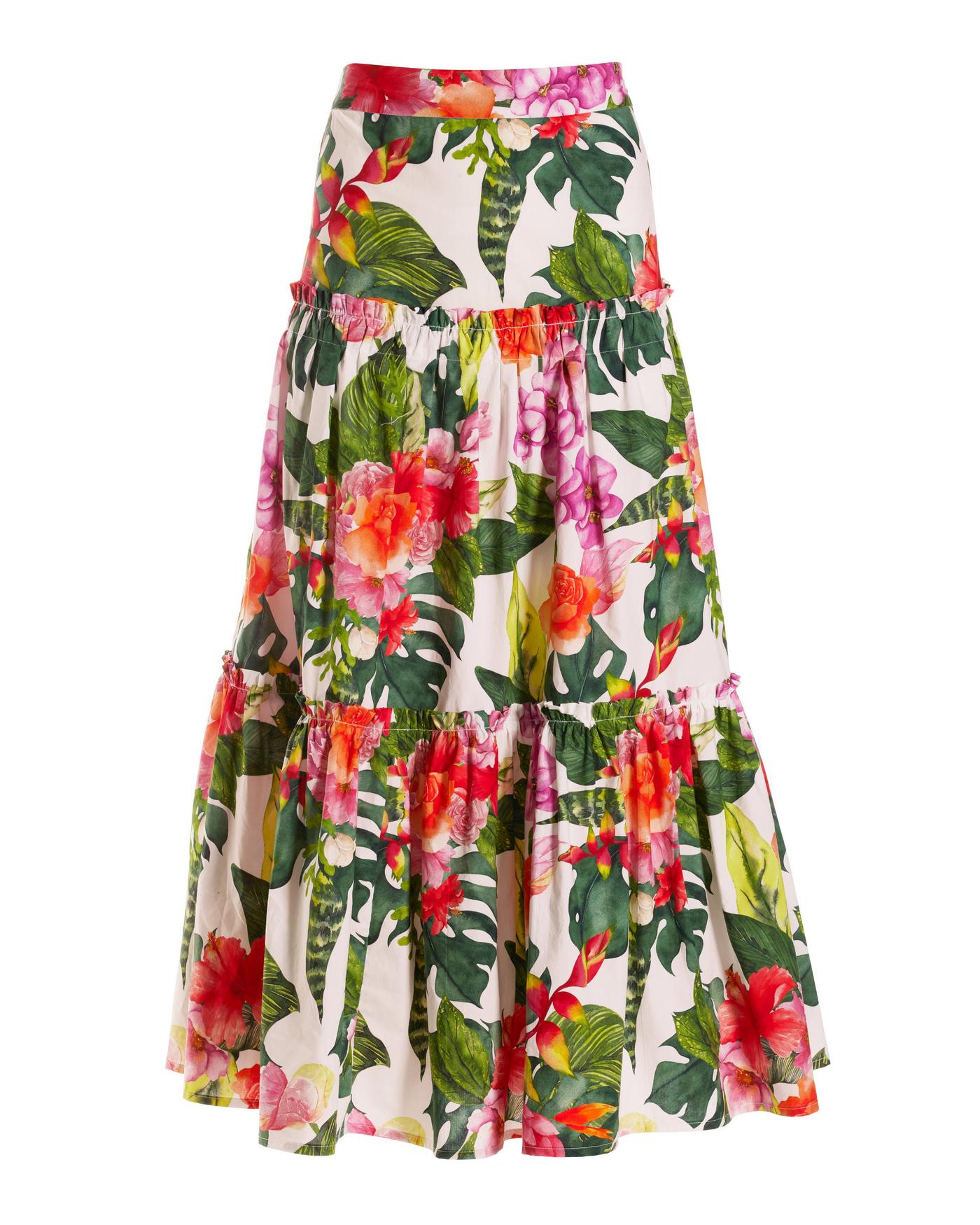 Tropical Oasis Tiered Poplin Midi Skirt Pink Green Boston Proper