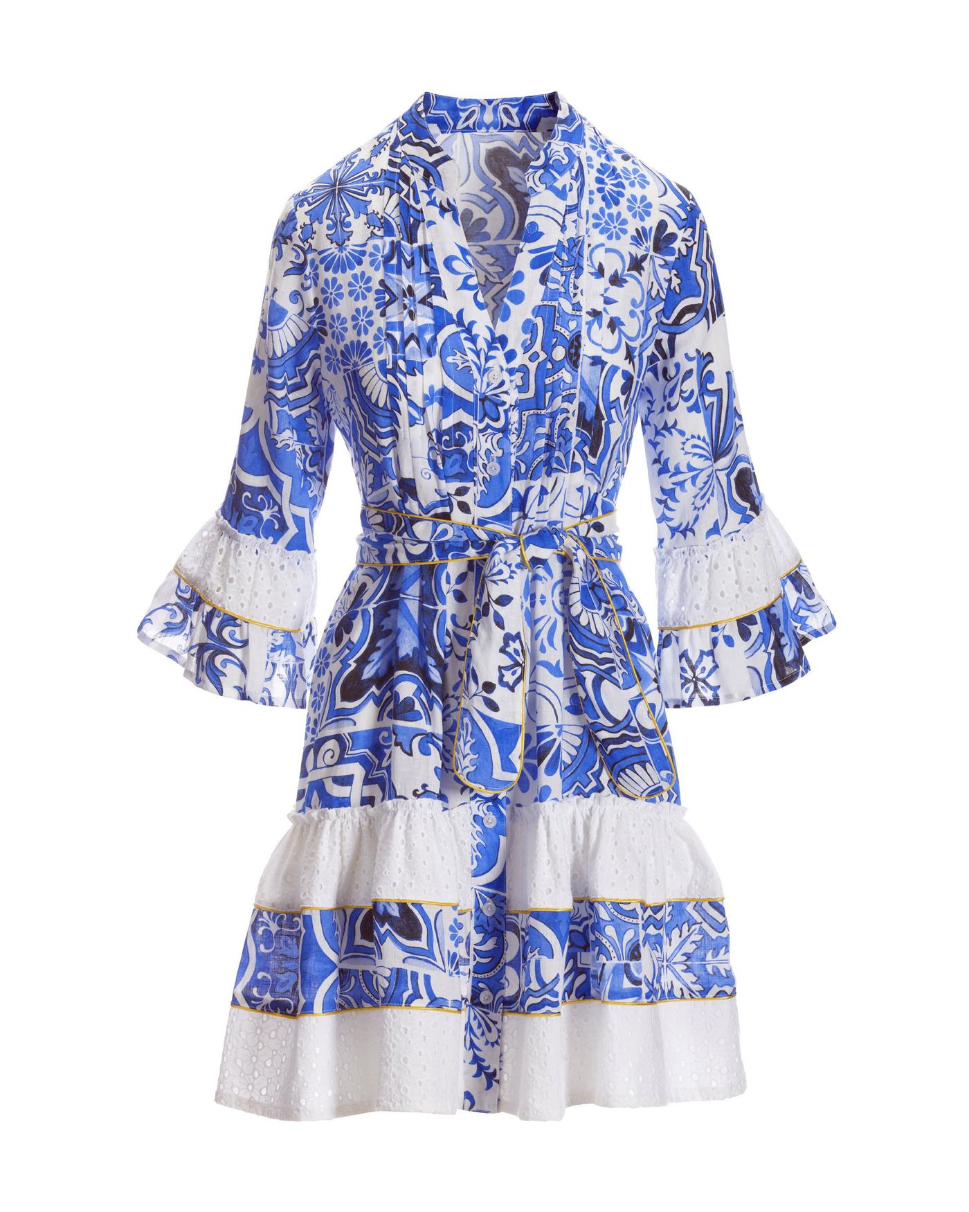 Chic Tiles Print Eyelet-Inset Tiered A-Line Dress Blue