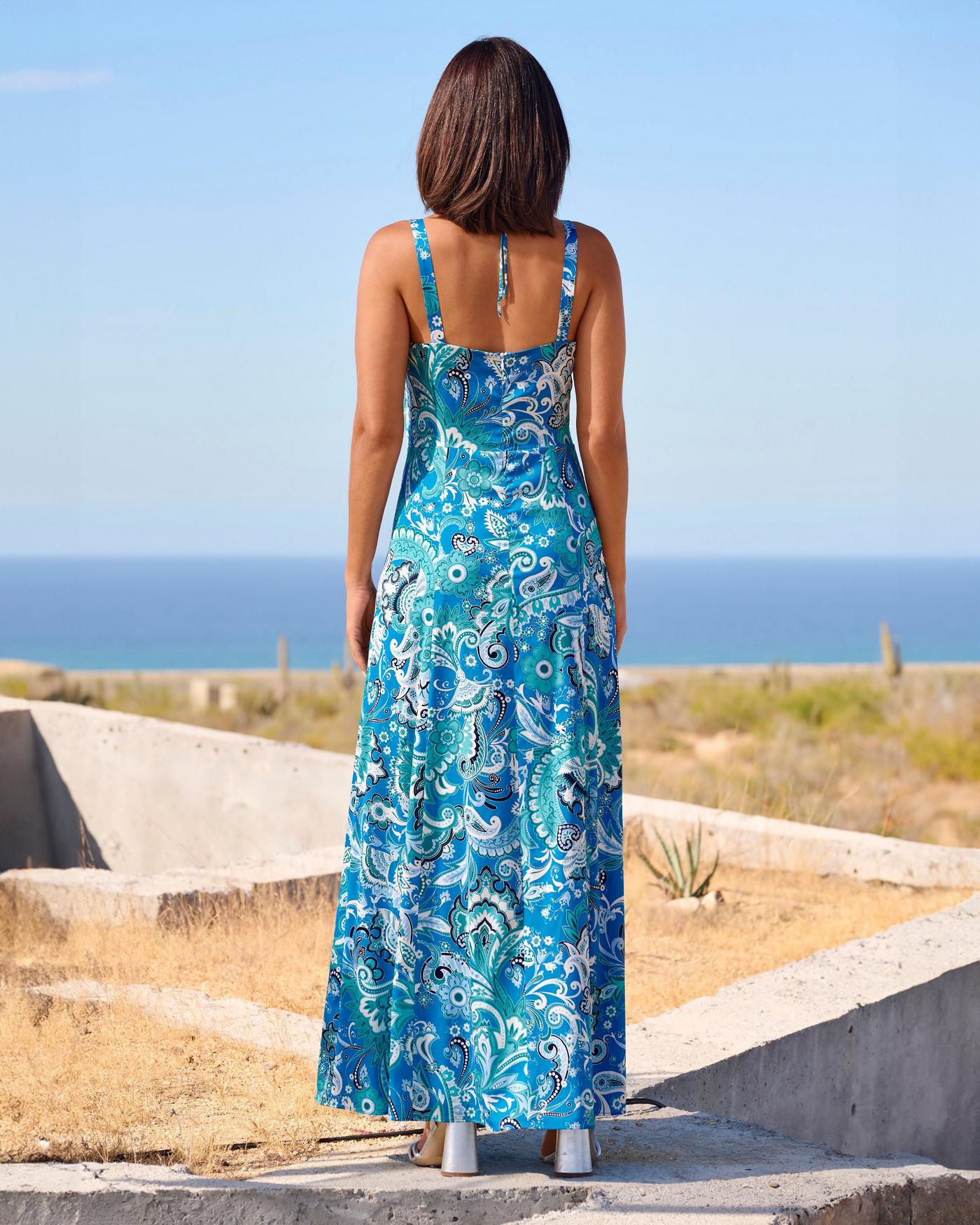 Stamped Floral Blues Print Necklace Detail Charmeuse Maxi Dress - Blue