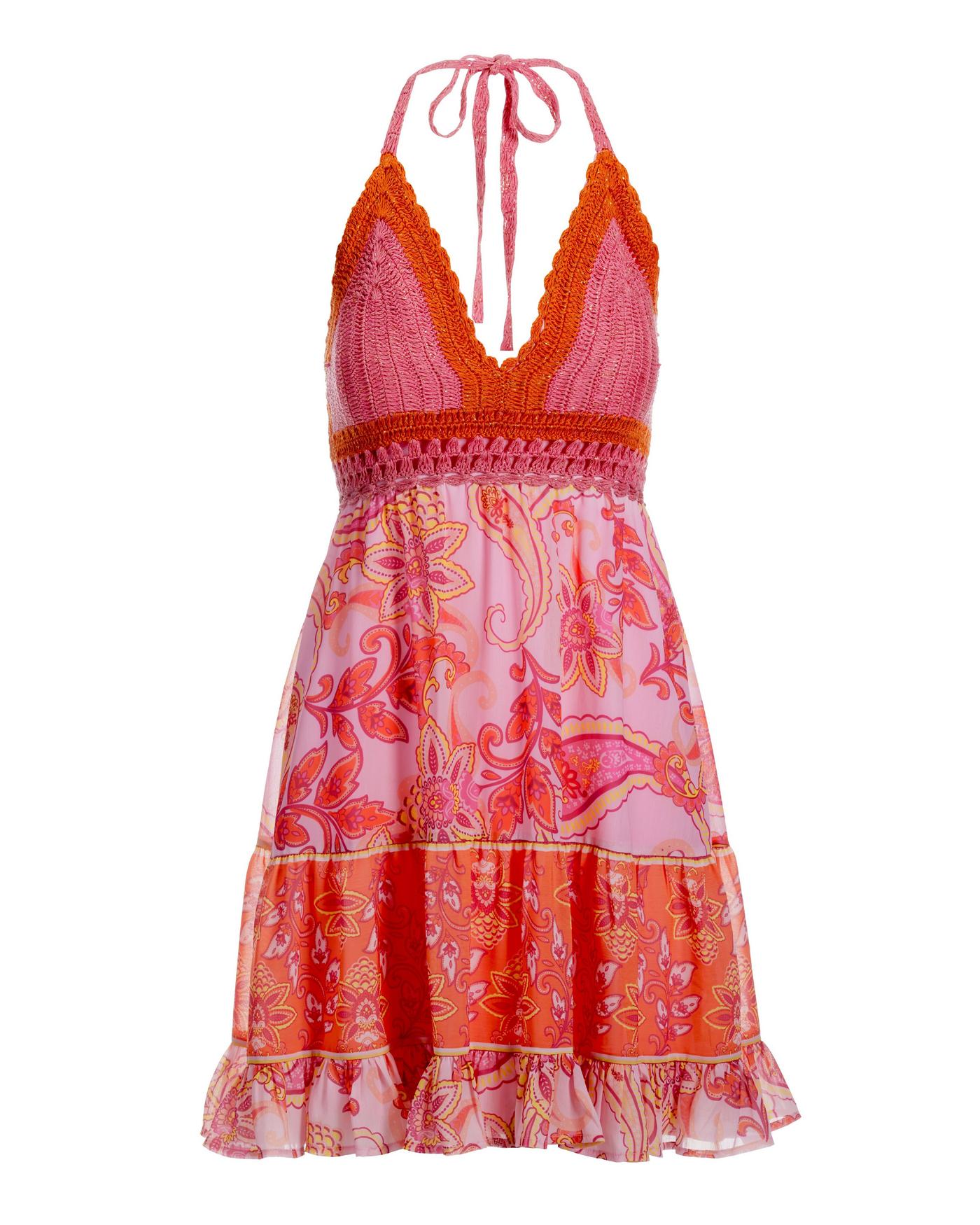 Montauk Paisley Print Crochet Halter Swing Dress - Pink