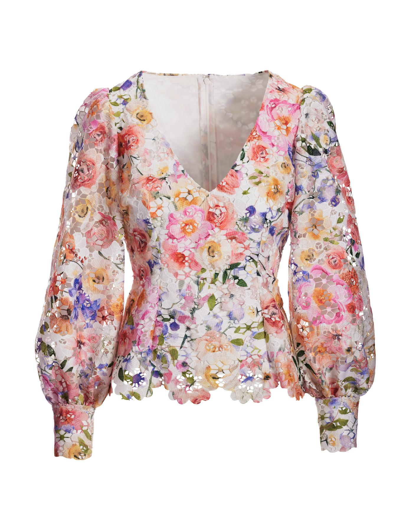 Floral Printed Lace V-Neck Long-Sleeve Blouse - White Multi