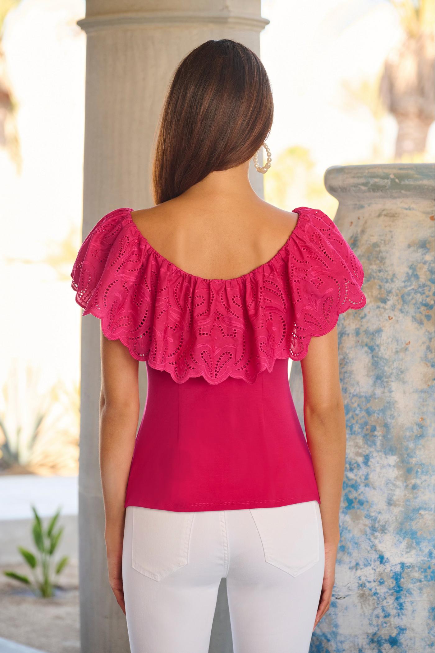 Eyelet Ruffle Zip-Up Top - Raspberry | Boston Proper
