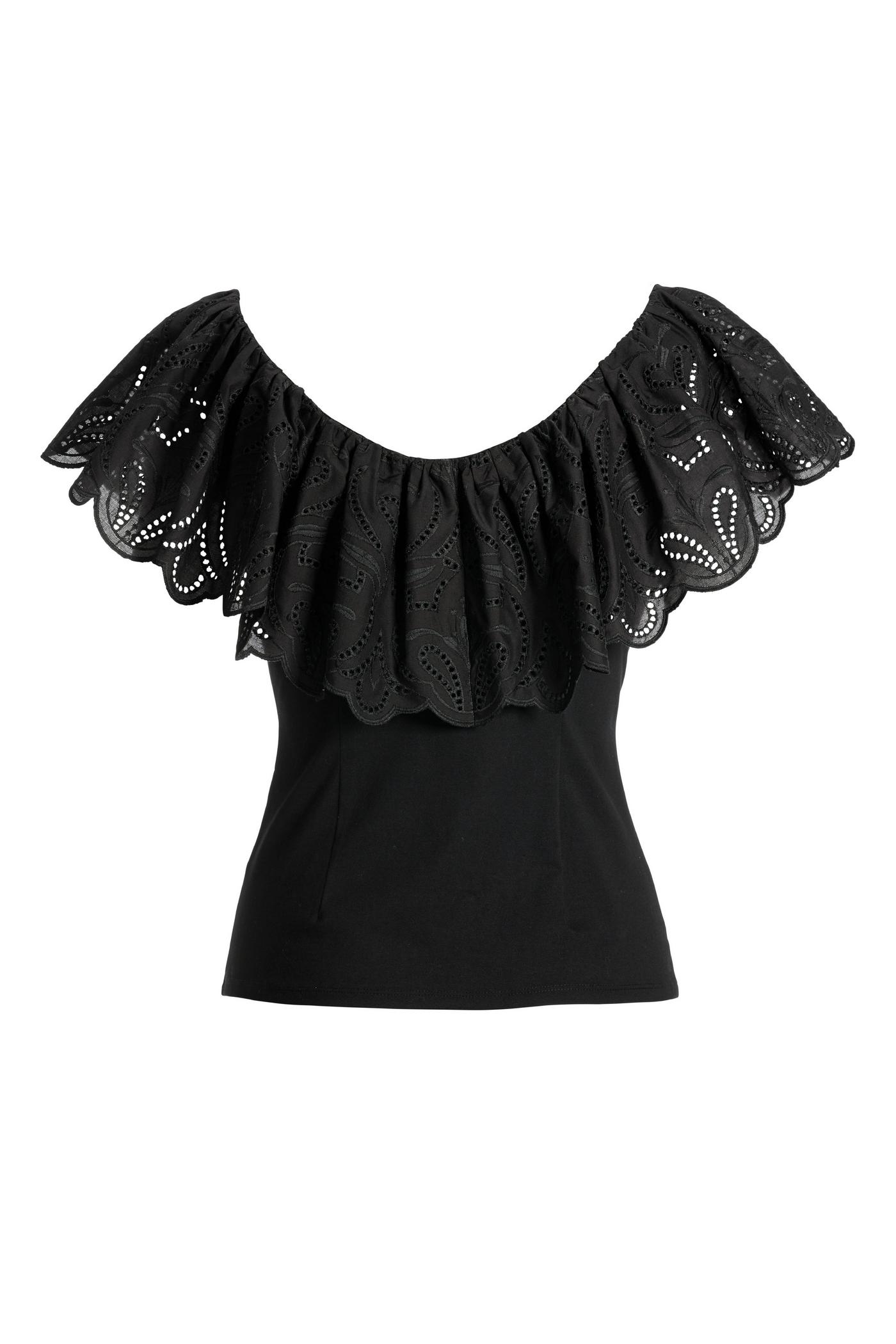 Eyelet Ruffle Zip-Up Top - Black | Boston Proper