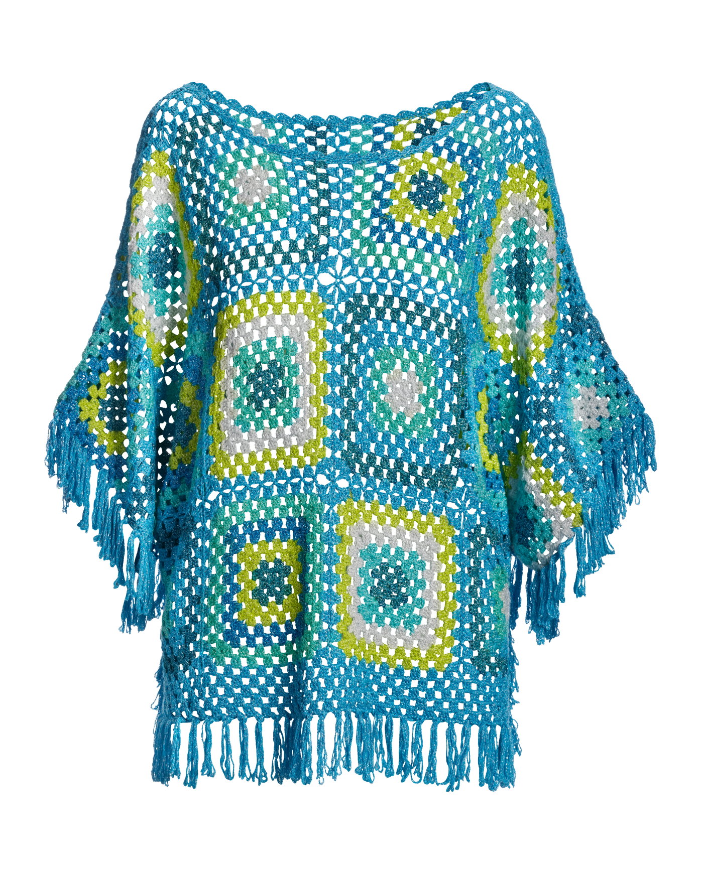 4393 Byos Women’s Chic Cutout Lace Diamond Knit Lightweight Slouchy Crochet Lurex Slouchy Crochet Poncho - Blue Multicolor | Boston Proper main image 2