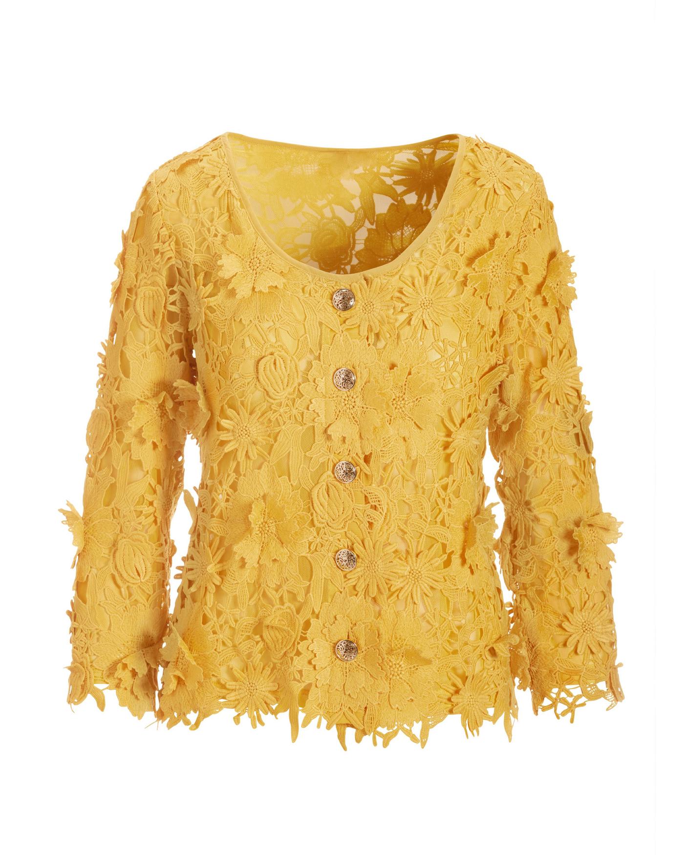 Three-Quarter Sleeve 3D Floral Lace Jacket - Lemon Drop Yellow