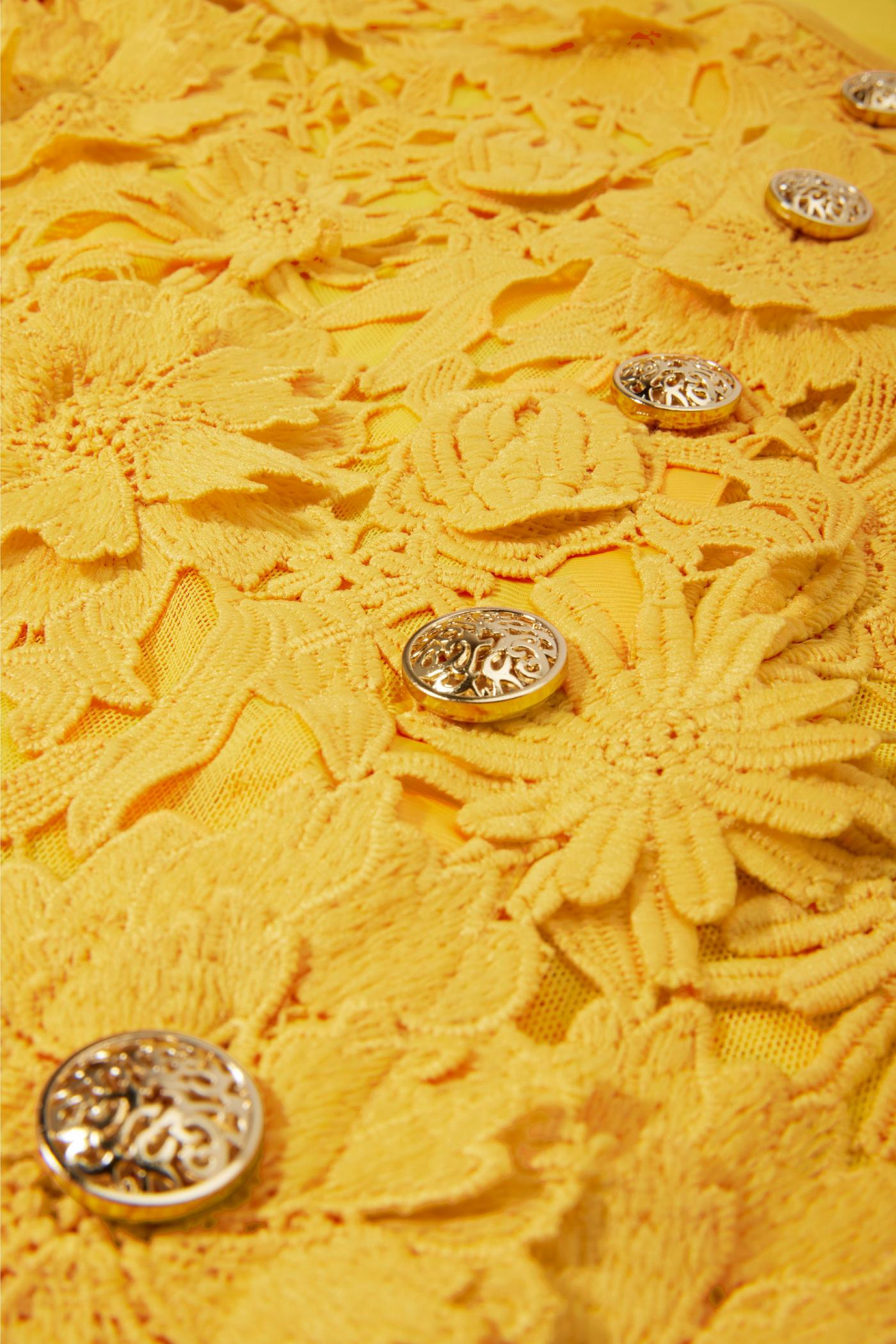Three-Quarter Sleeve 3D Floral Lace Jacket - Lemon Drop Yellow