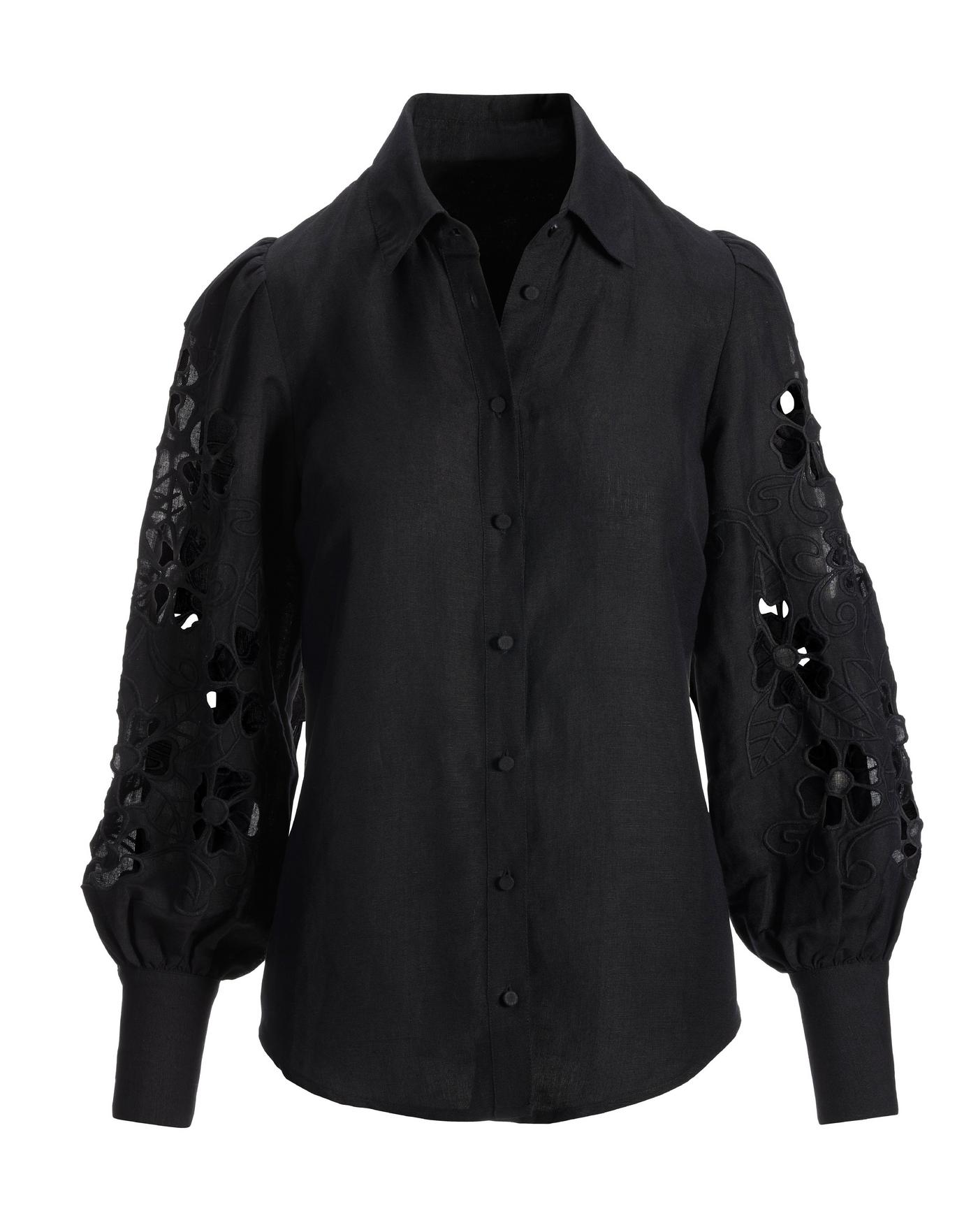 Openwork Embroidered Linen Button-Up Shirt - Black | Boston Proper