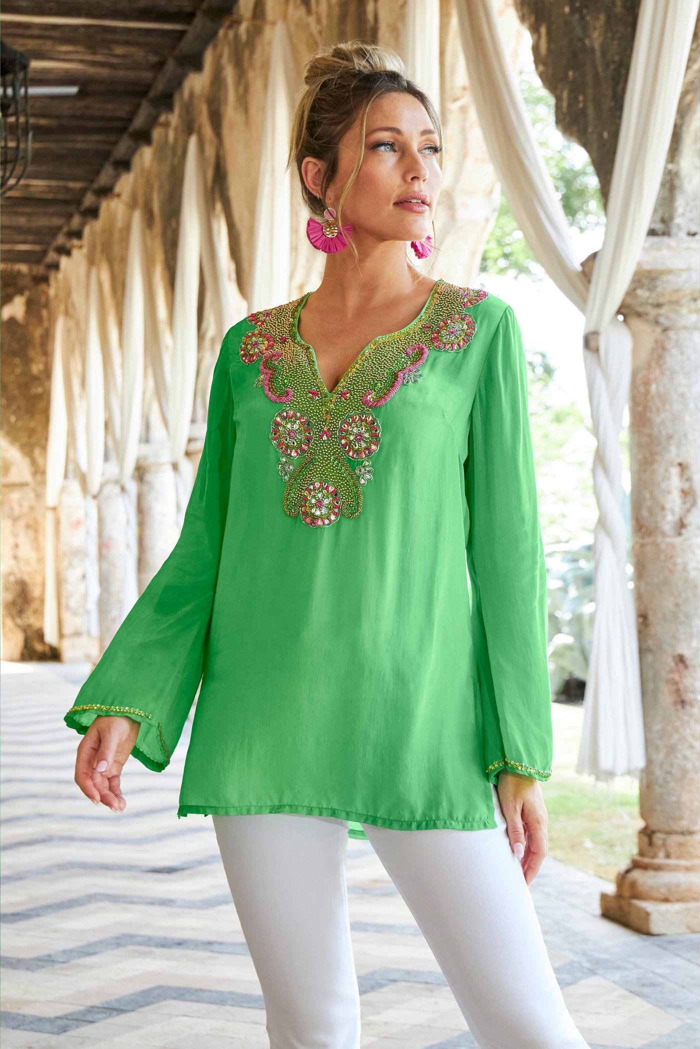 Novelty Beaded V-Neck Tunic Top - Green | Boston Proper Novelty Beaded V-Neck Tunic Top - Green | Boston Proper