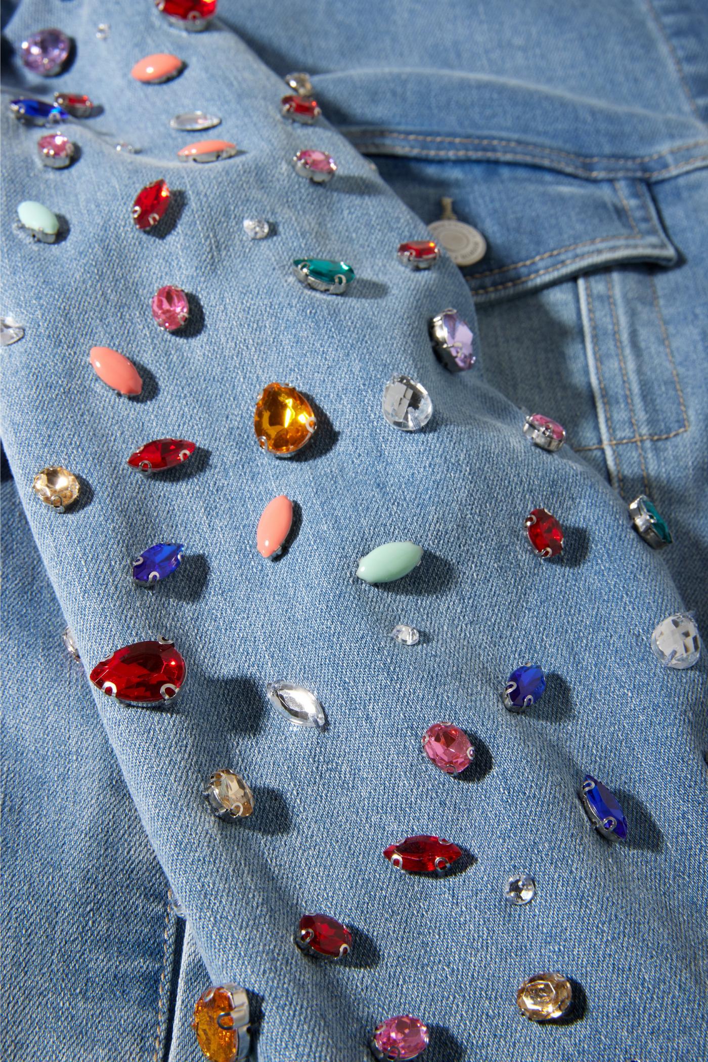 Bright Crystal Embellished Puff-Sleeve Denim Jacket - Light