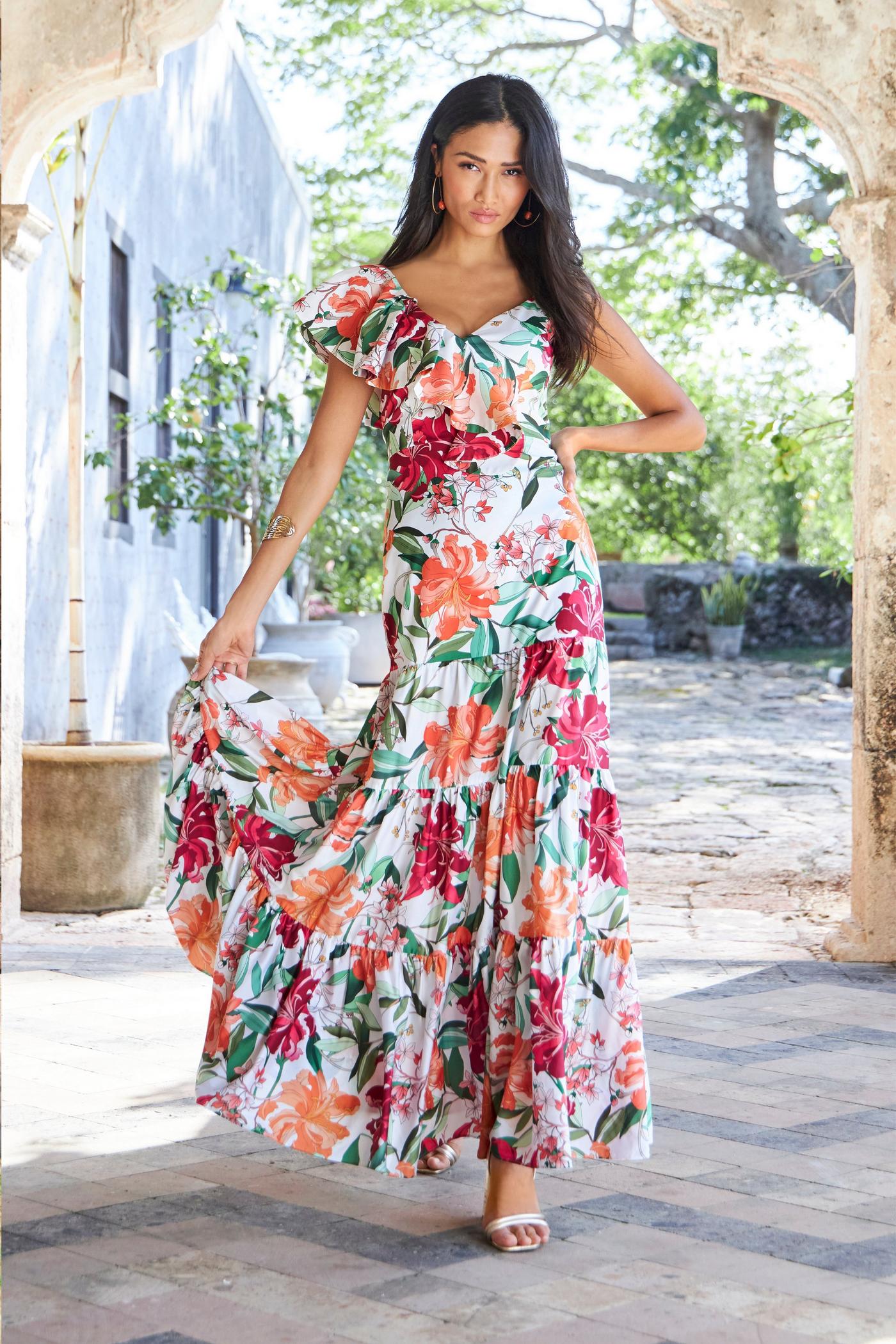 Hibiscus Dreams Print Asymmetrical Ruffle Detail Maxi Dress - Purple |  Boston Proper