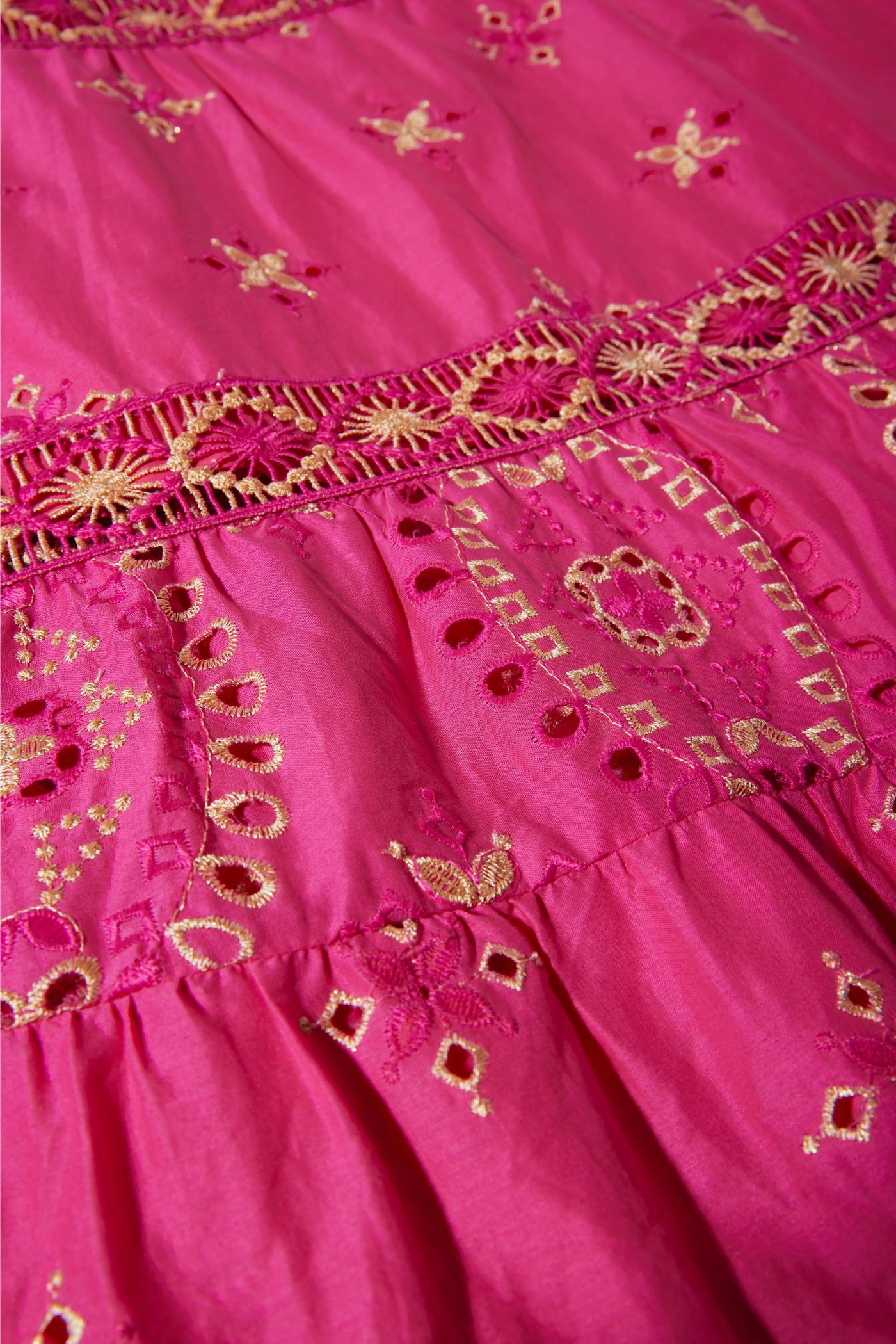 Metallic Lace-Inset Eyelet Maxi Dress - Pink/Gold | Boston Proper