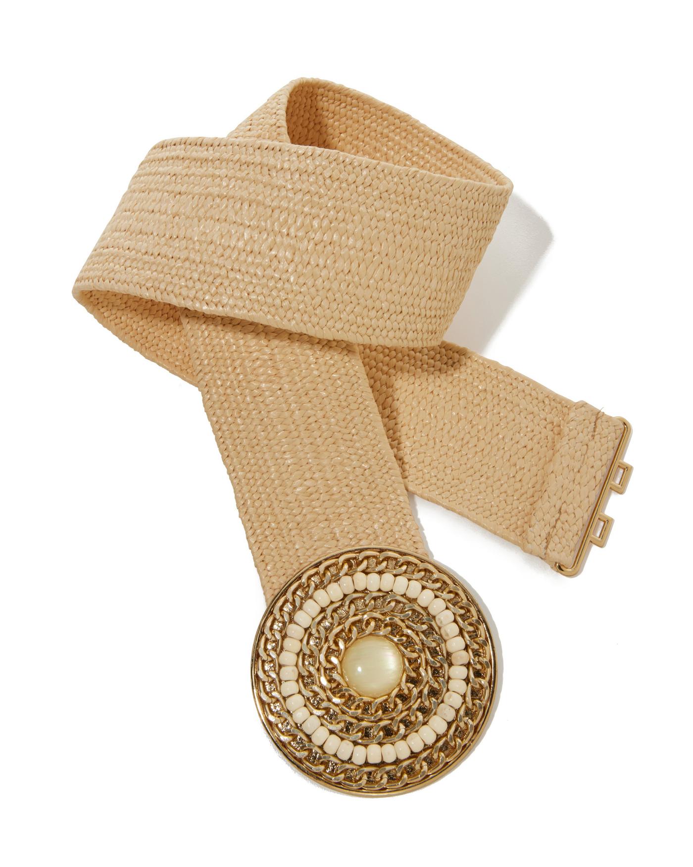 Gold Tone Hexagonal Buckle Stretch Belt Raffia Stretch Waist Gold Chain Buckle Belt - Natural  main image 4