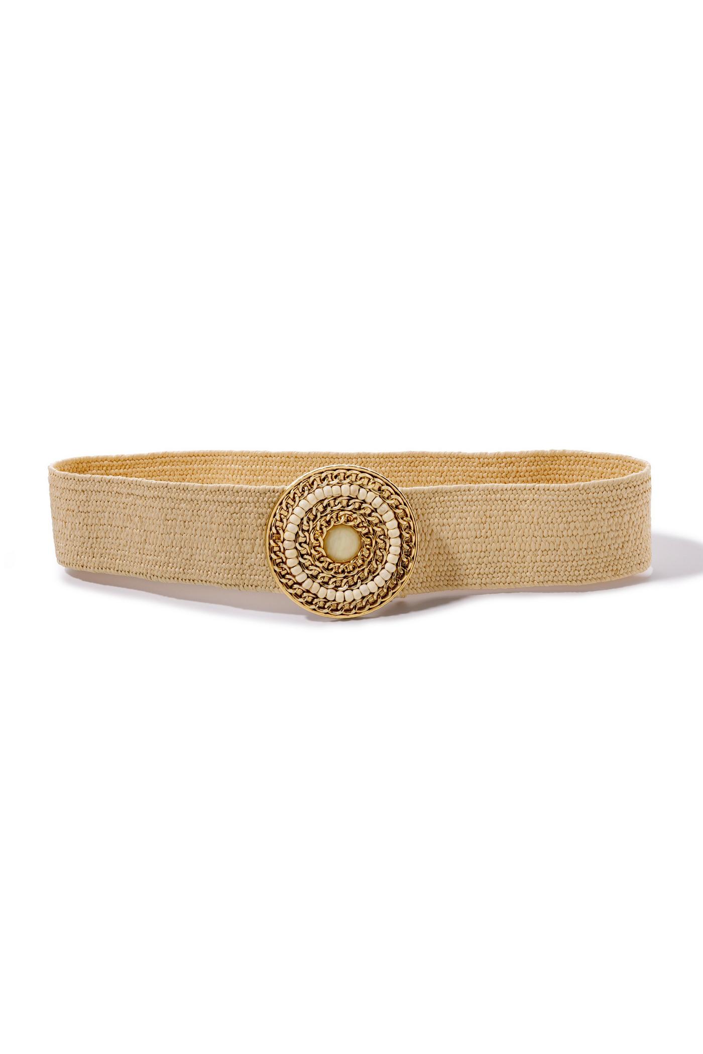 Raffia Stretch Waist Gold Chain Buckle Belt - Natural 