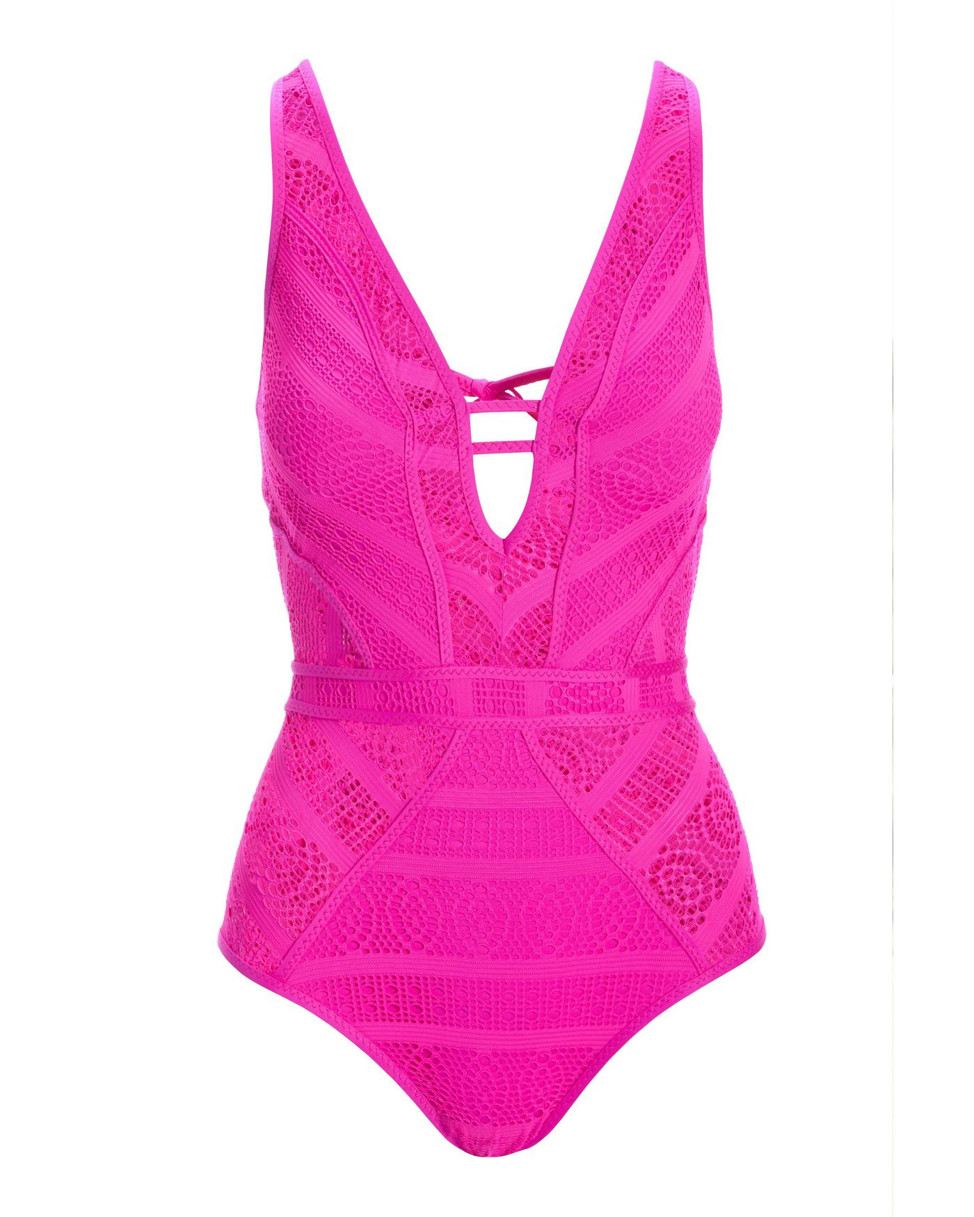 Pink Flambe Crochet Plunge One-Piece Swimsuit - Pink | Boston Proper