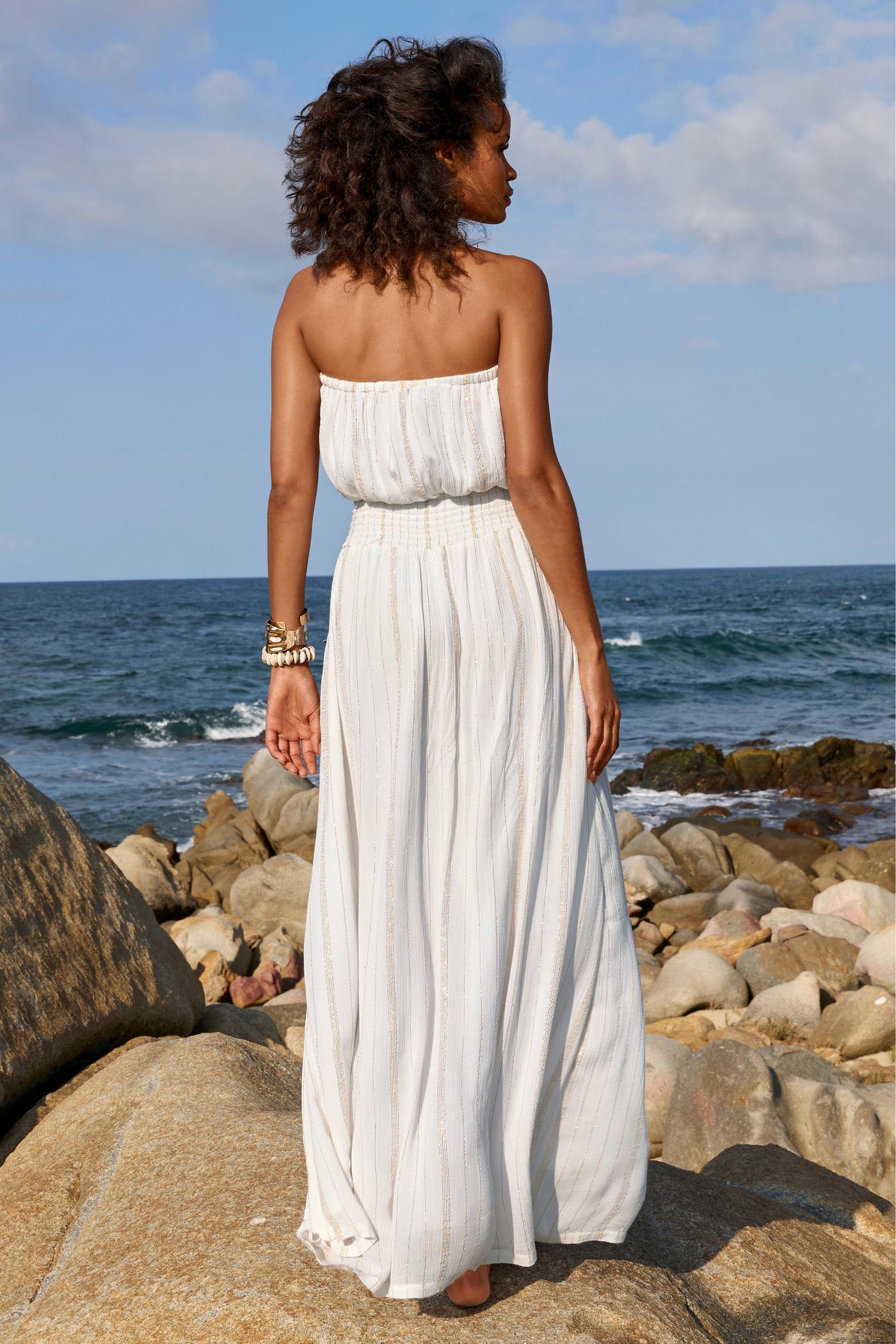 Shell Necklace Shimmer Smocked Waist Dress - White Multi