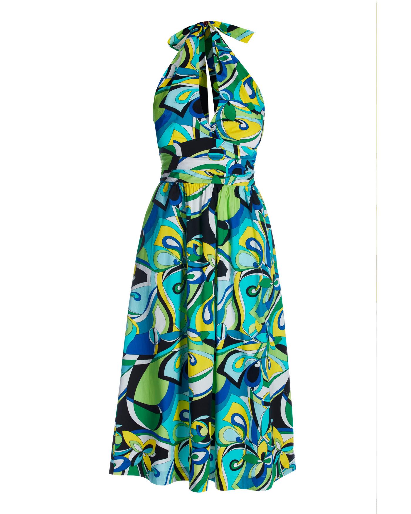 Valencia Abstract Print Halter Fit and Flare Midi Dress - Blue/Green |  Boston Proper