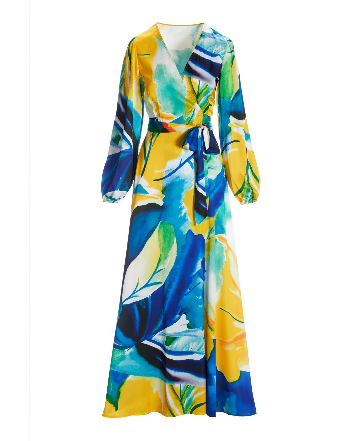 Valencia Florals Print Charmeuse Wrap Maxi Dress - Blue/Yellow | Boston  Proper