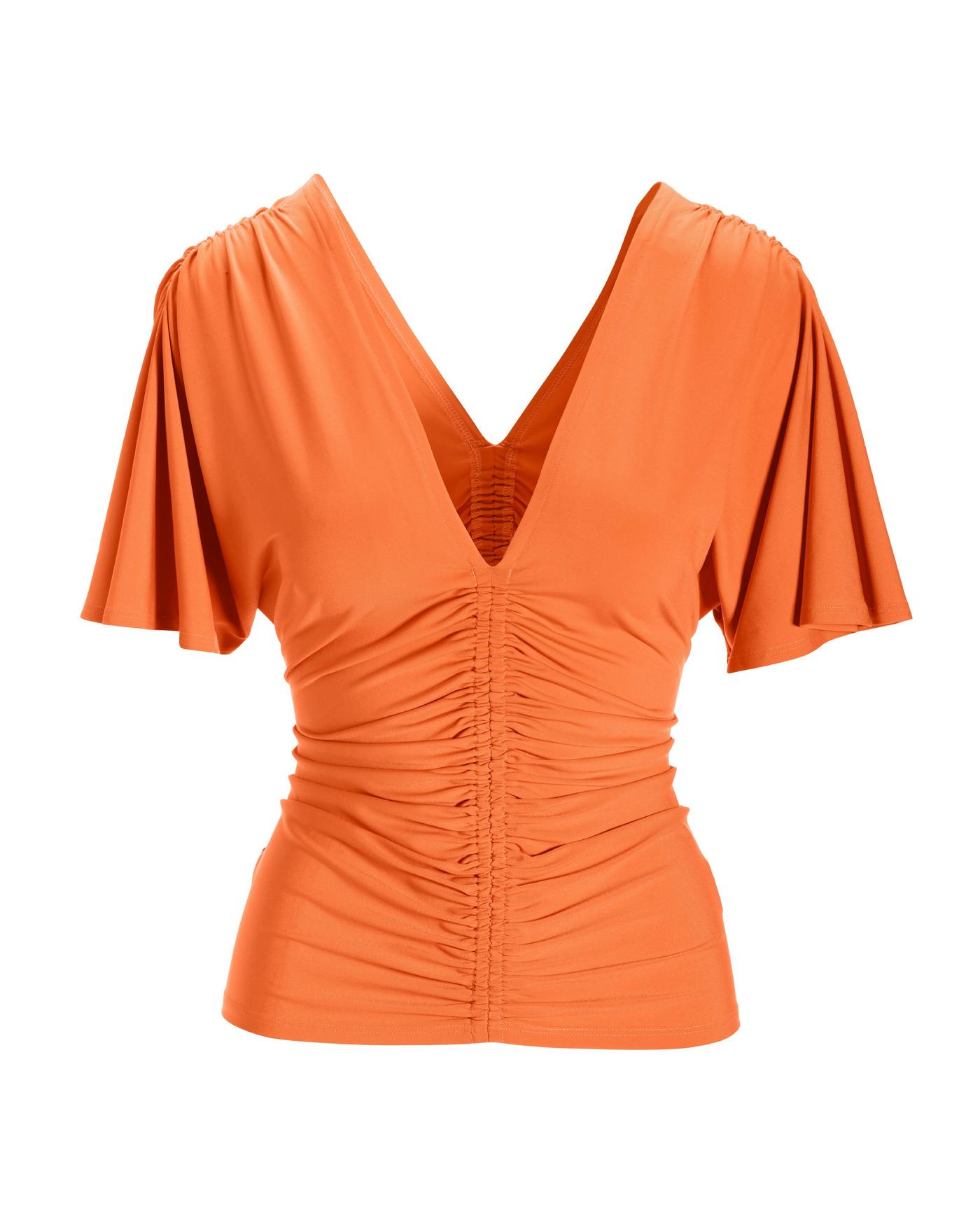 Ruched Center V Neck Short Sleeve Top - Nectarine Orange