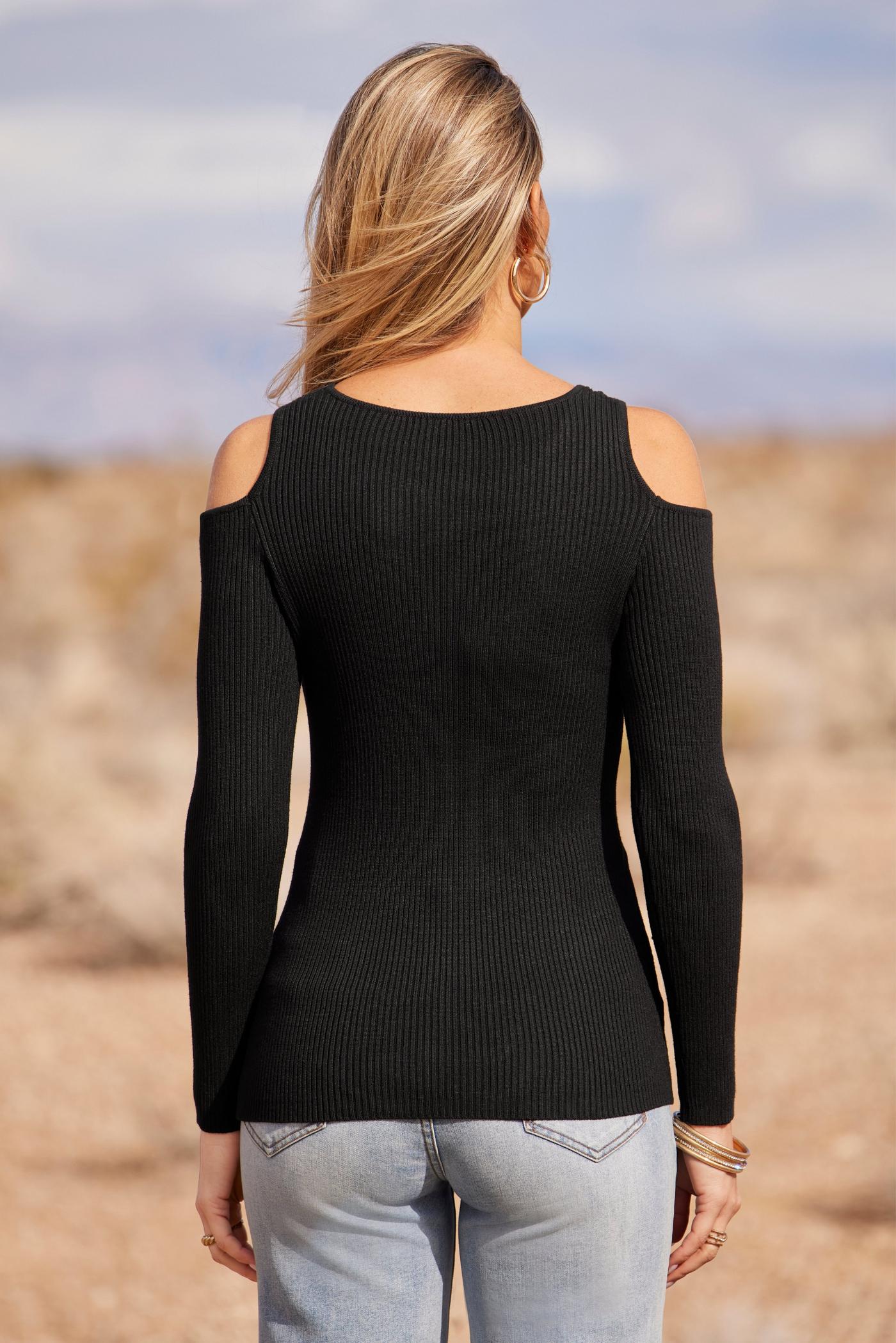 Ribbed Cut Out Cold Shoulder Sweater - Black | Boston Proper