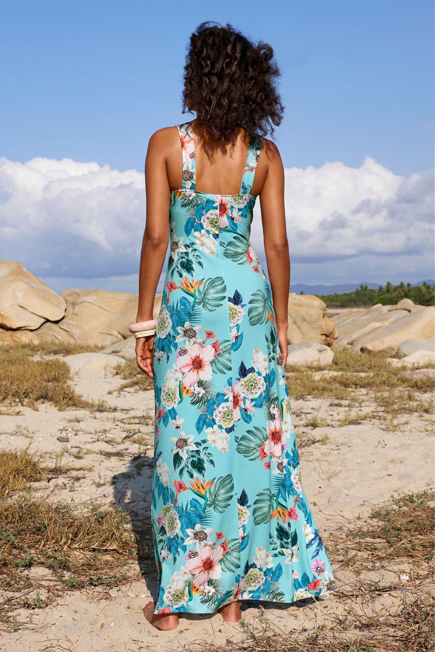 knee length dresses for ladies 1970s Victor Costa Funky Blue Floral Knit Maxi Dress main image 0