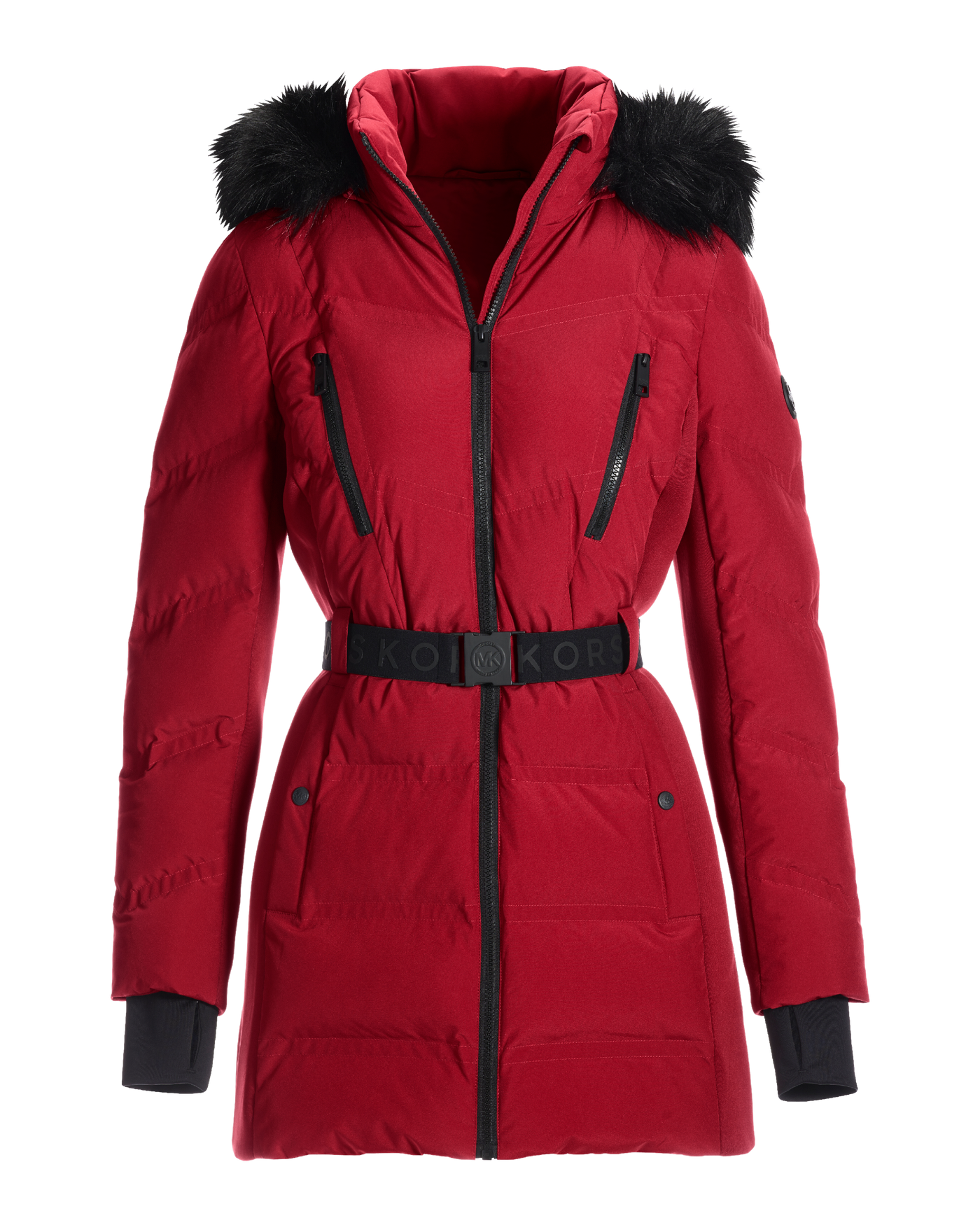 Red puffer coat with fur hood online