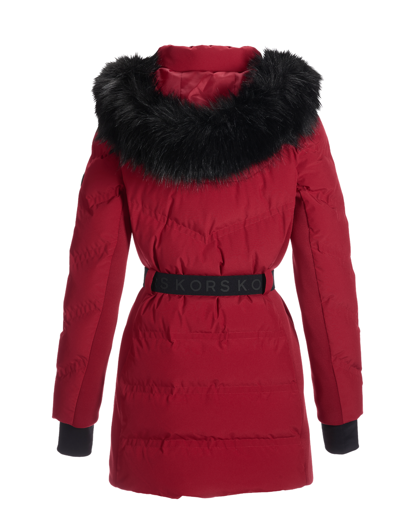 Faux Fur Trim Shaped Belted Puffer Jacket Deep Red Boston Proper