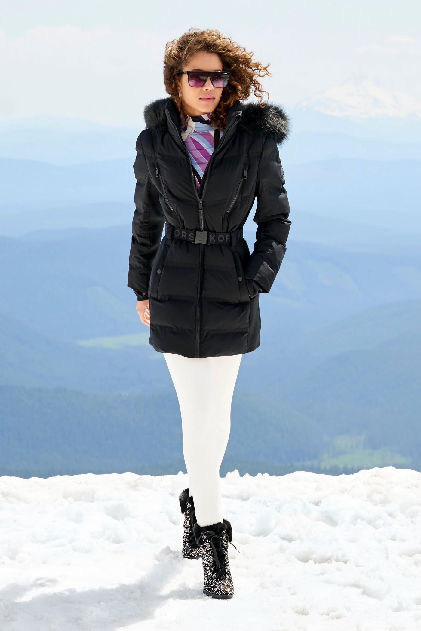 Faux Fur Trim Shaped Belted Puffer Jacket Black Boston Proper