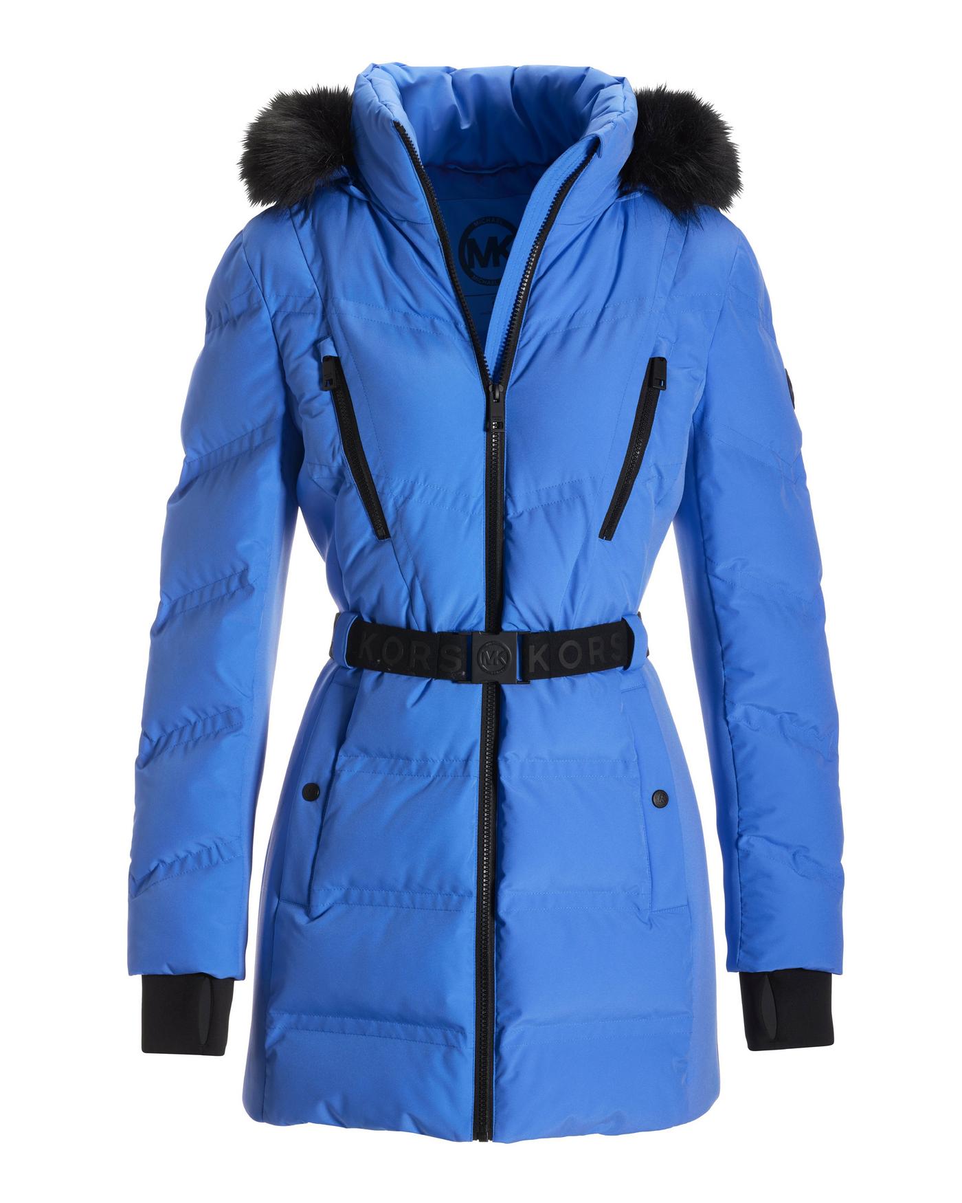 Faux Fur Trim Shaped Belted Puffer Jacket - Blue | Boston Proper Faux Fur Trim Shaped Belted Puffer Jacket - Blue | Boston Proper