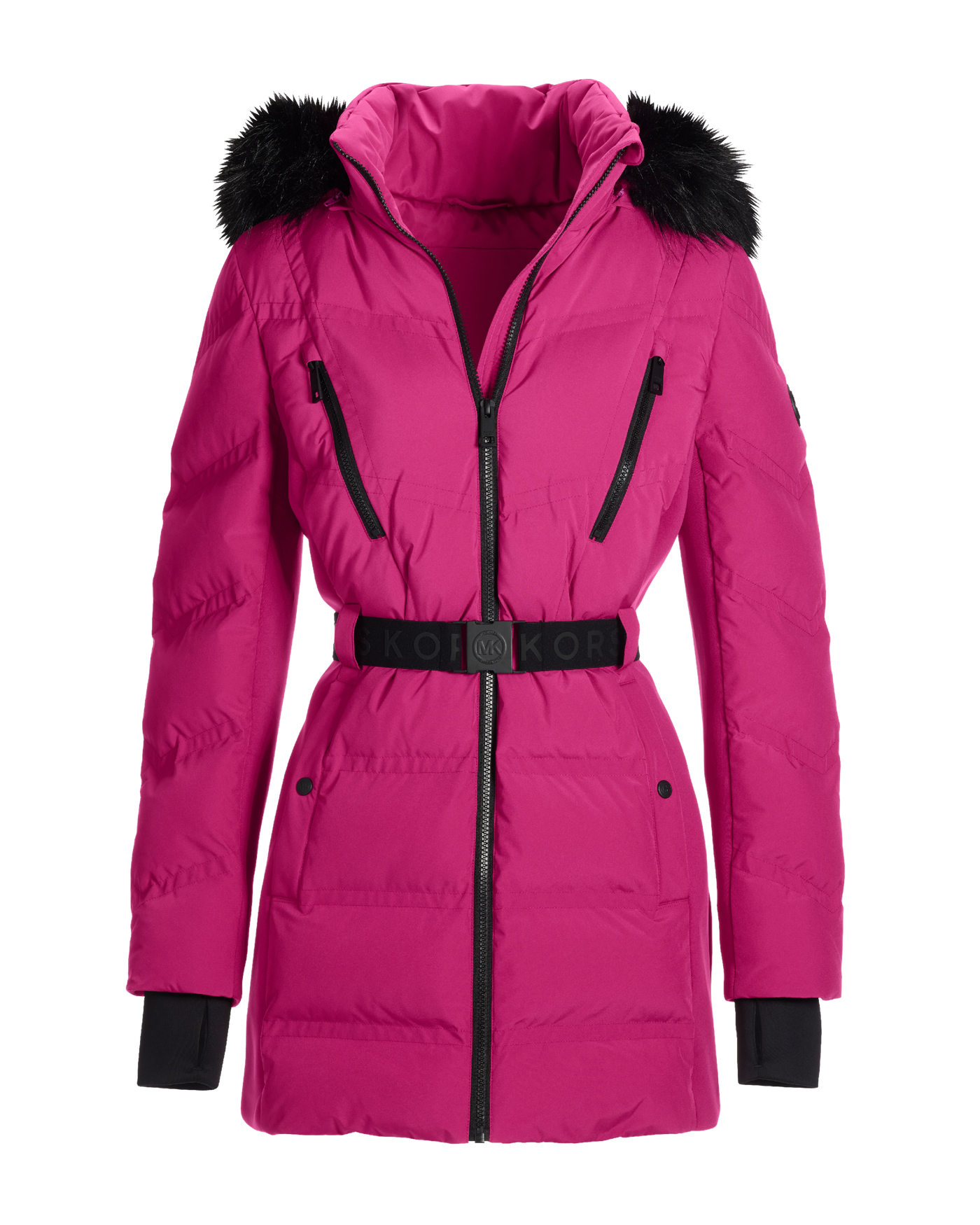 Faux Fur Trim Shaped Belted Puffer Jacket Fuchsia Boston Proper
