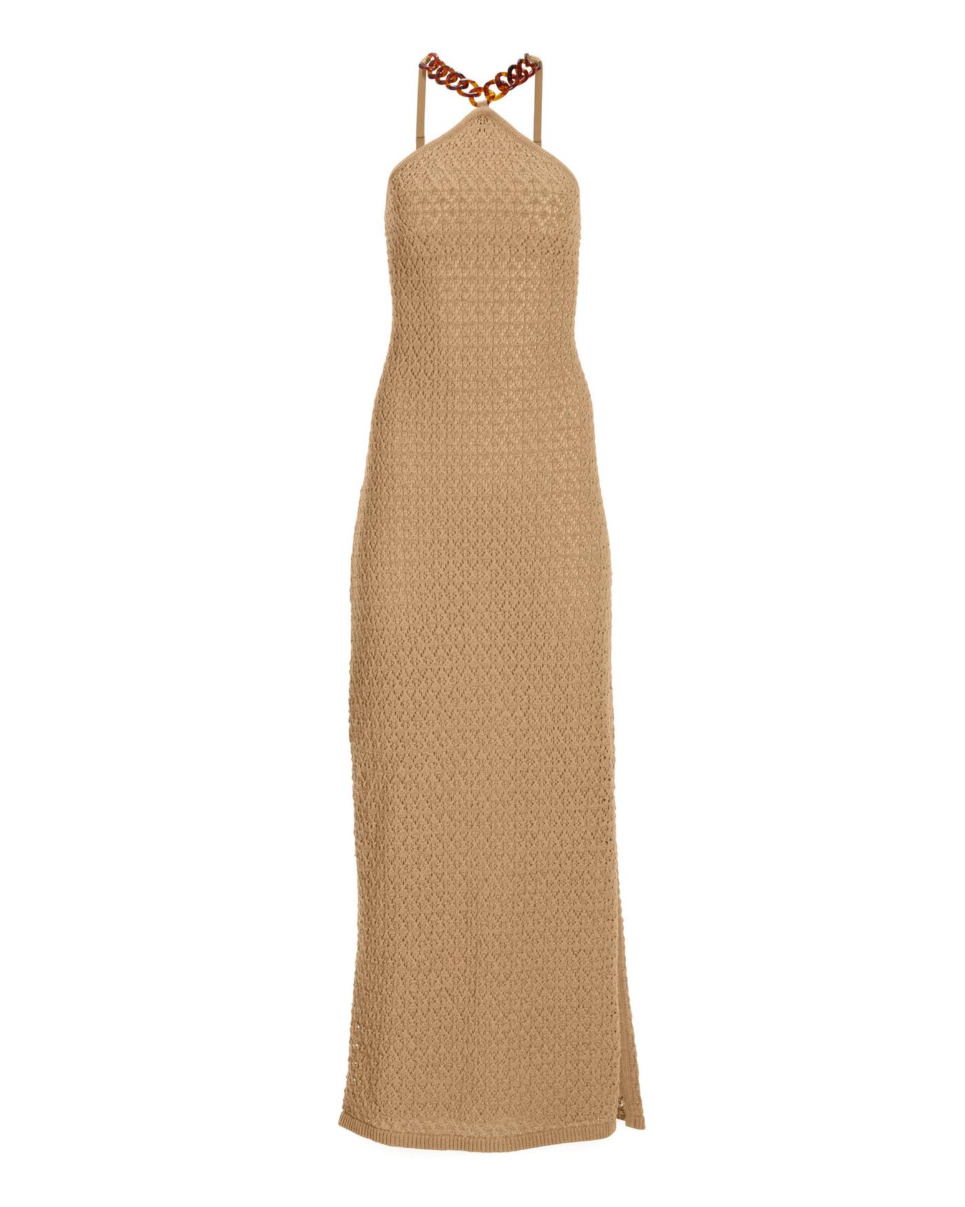 Chain Detail Crochet Halter Maxi Dress - Tan | Boston Proper