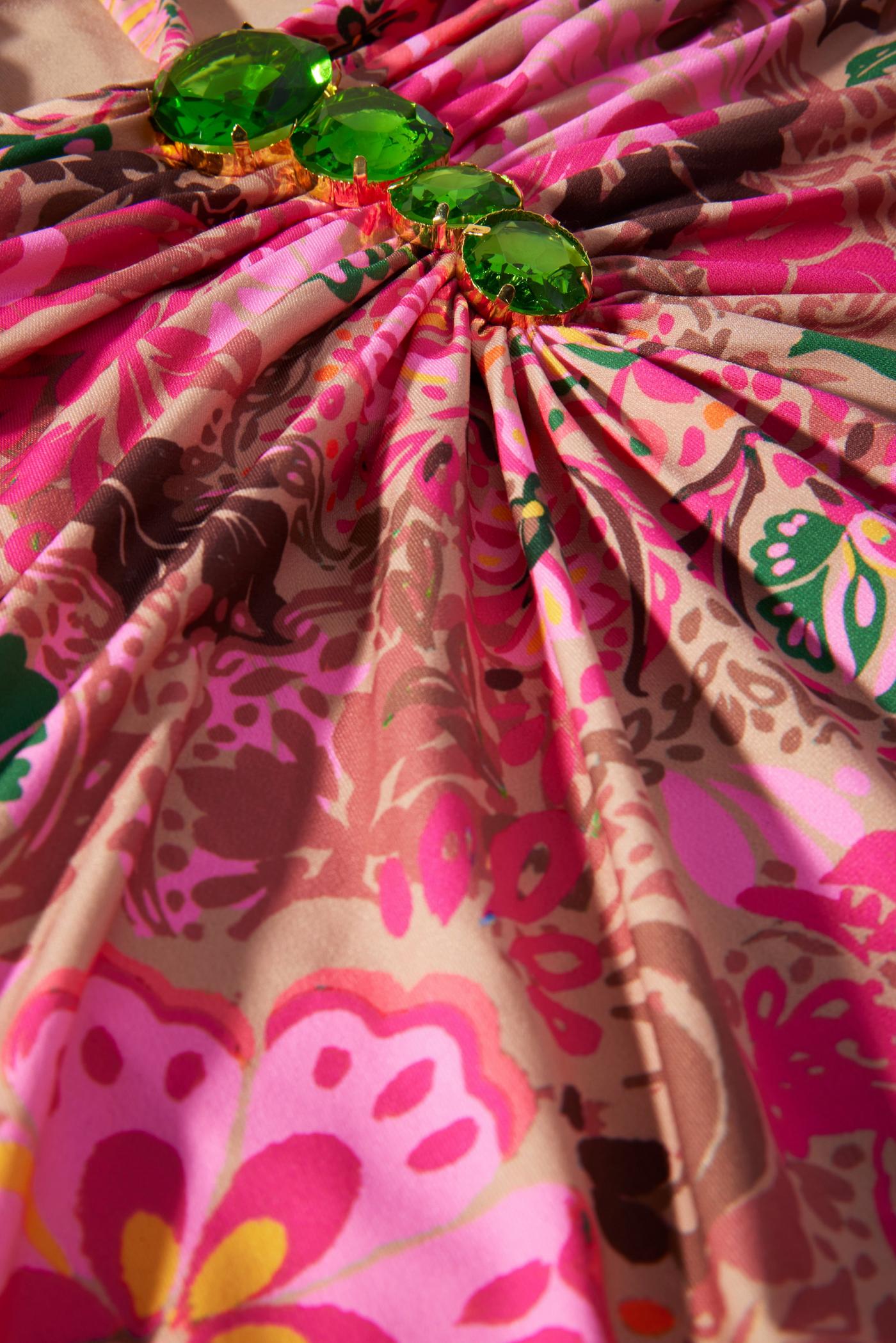 Medallion Dreams Print Gem Detailed Halter Maxi Dress - Pink