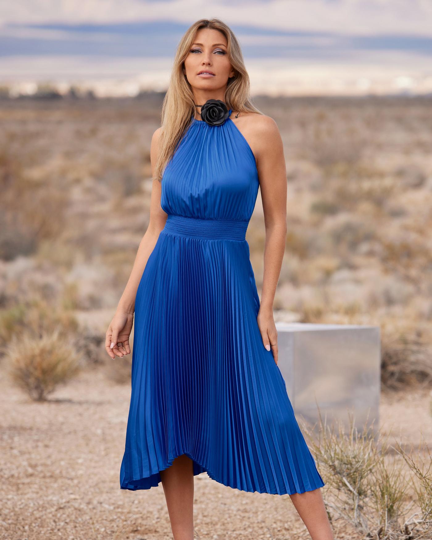 Pleated High Neck Blouson Midi Dress Lapis Blue Boston Proper