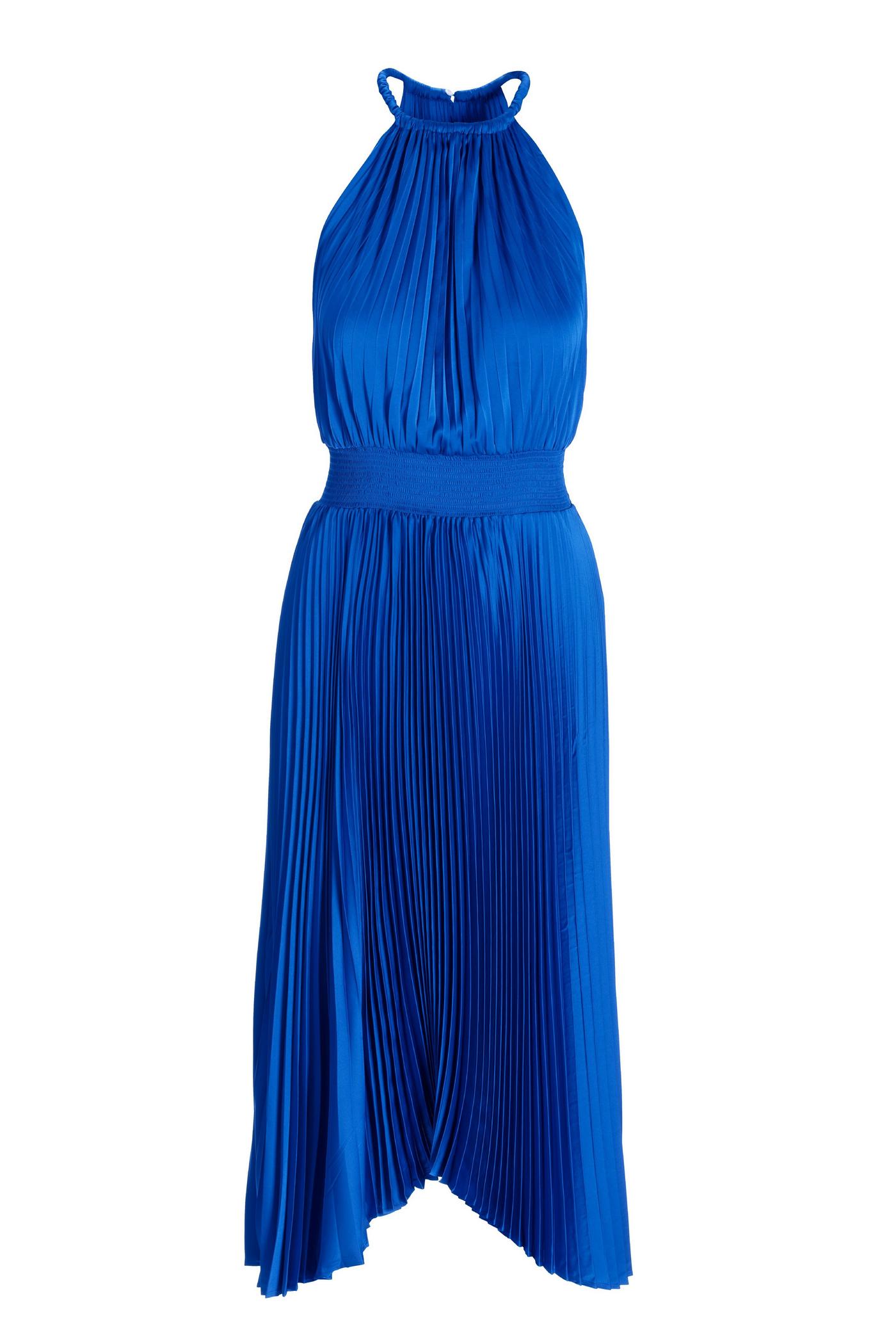 Pleated High Neck Blouson Midi Dress - Lapis Blue | Boston Proper
