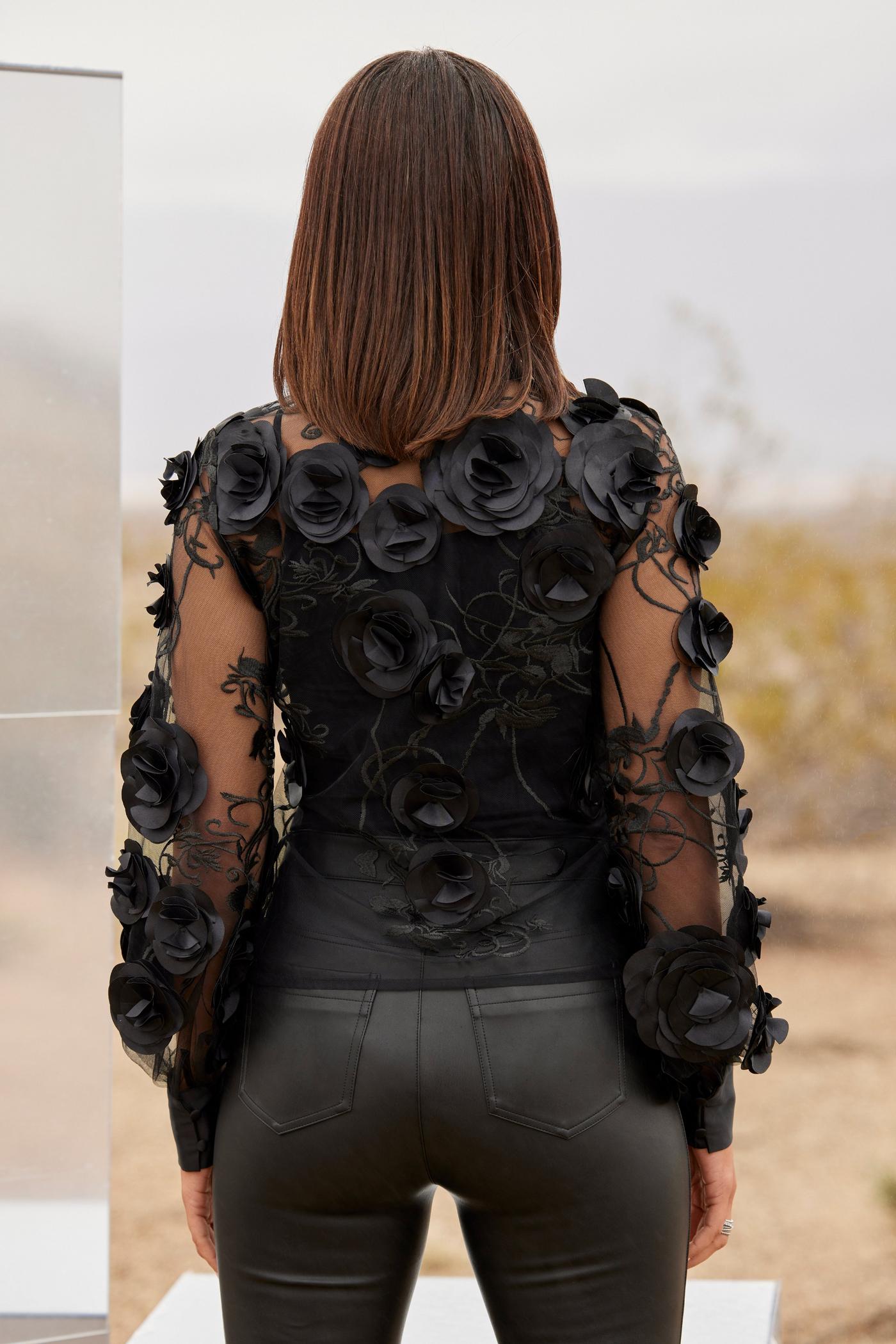 Mesh 3D Rosette Zip Jacket - Black | Boston Proper