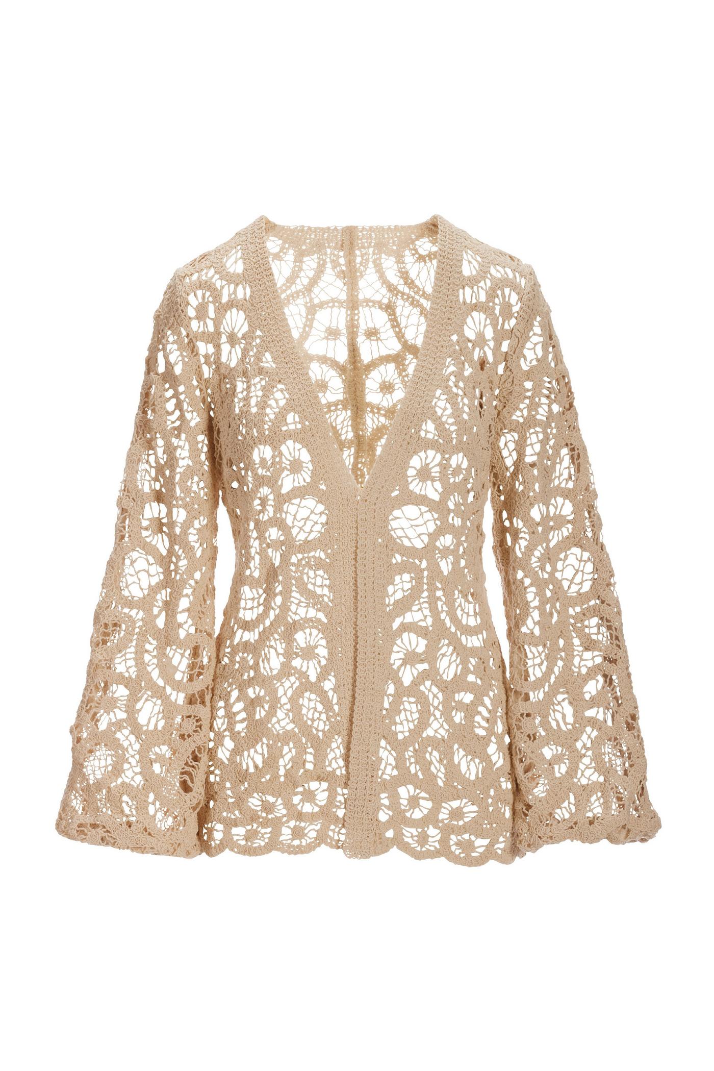 Transitional Balloon Sleeve Crochet Hip Length Duster - Tan