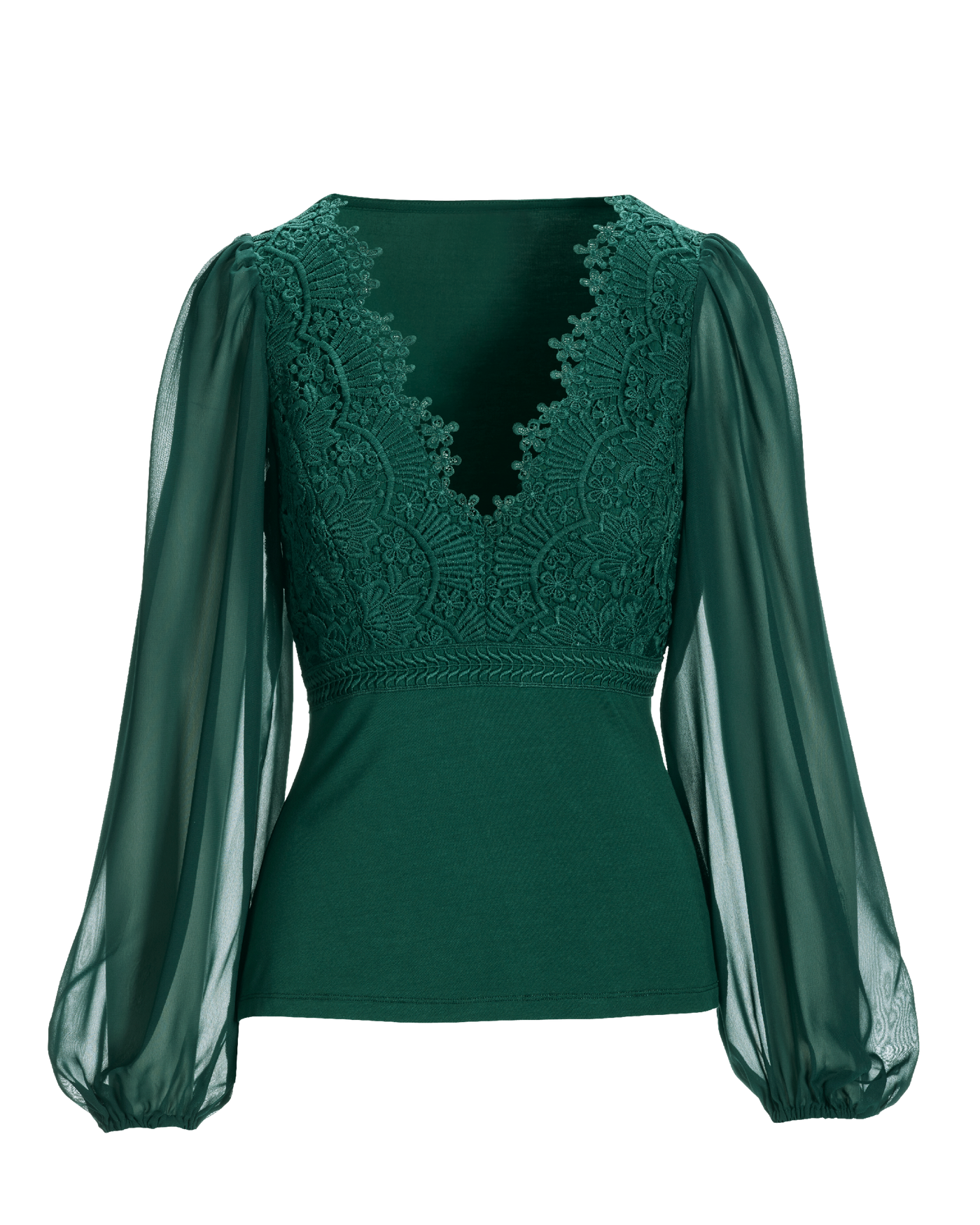 Scallop Lace Long Sleeve Top Deep Emerald