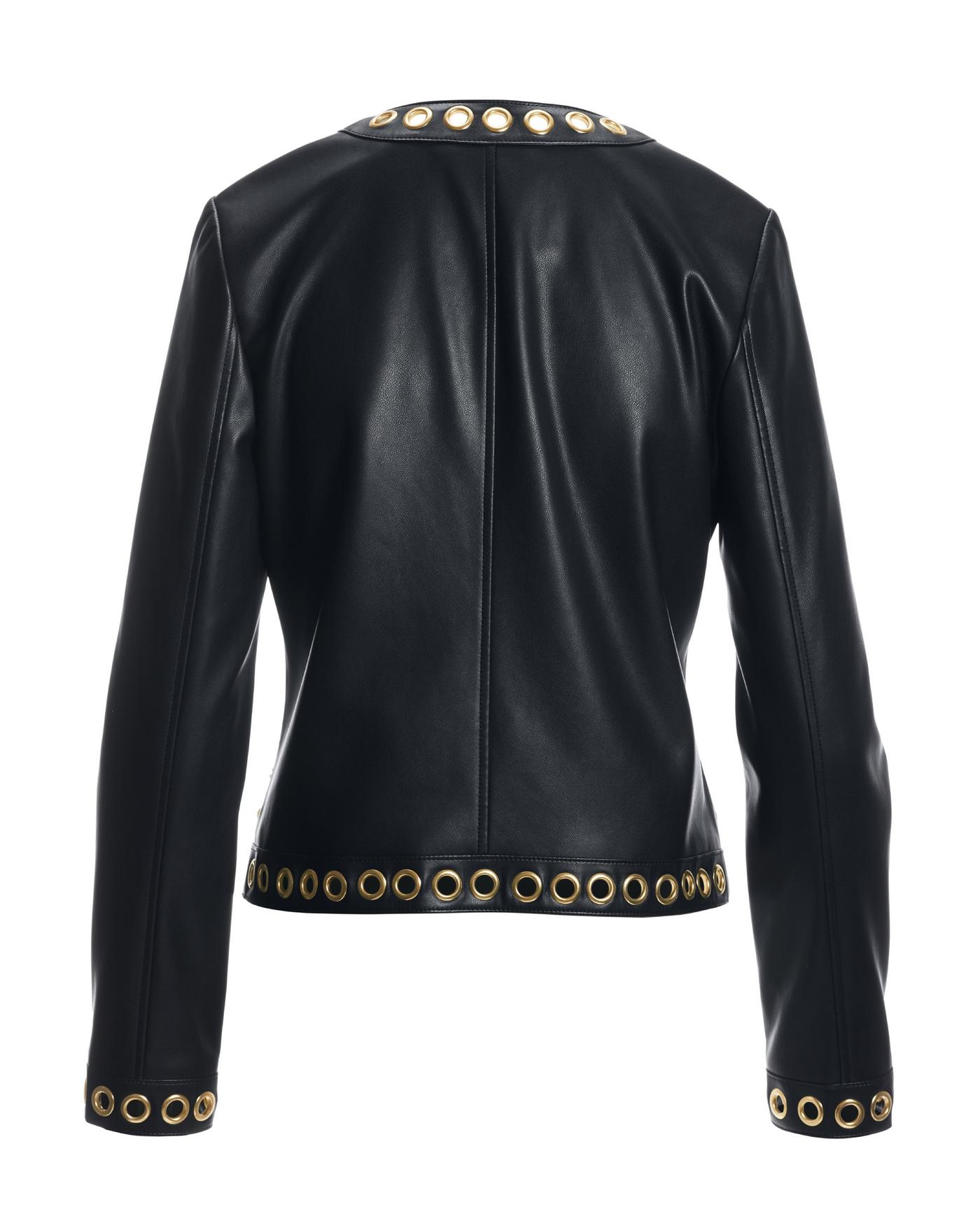 Faux Leather Grommet Collarless Jacket Black