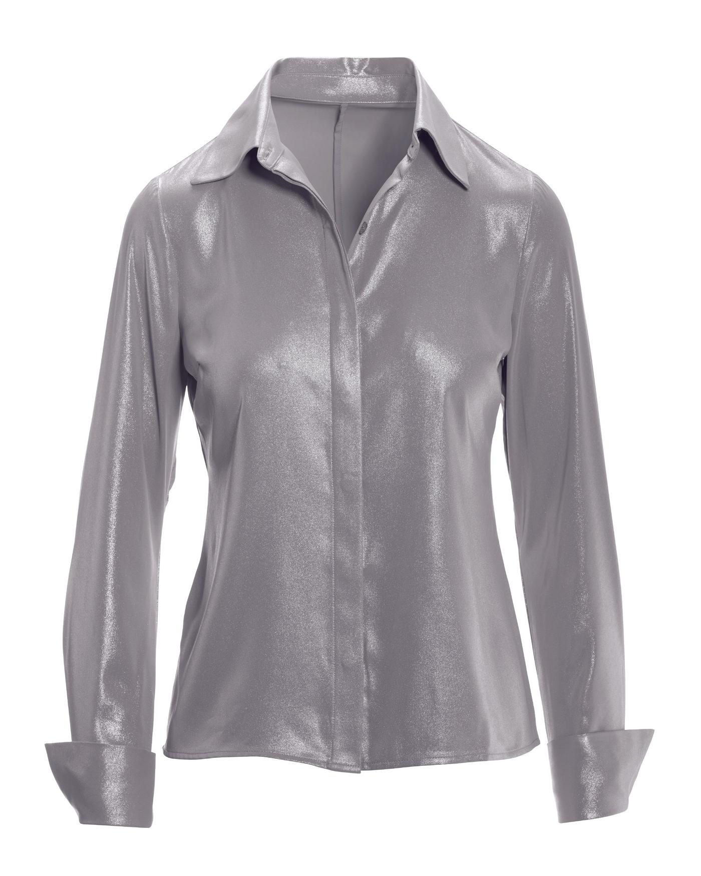 Sophia Button Up Metallic Blouse Silver Metallic Boston Proper
