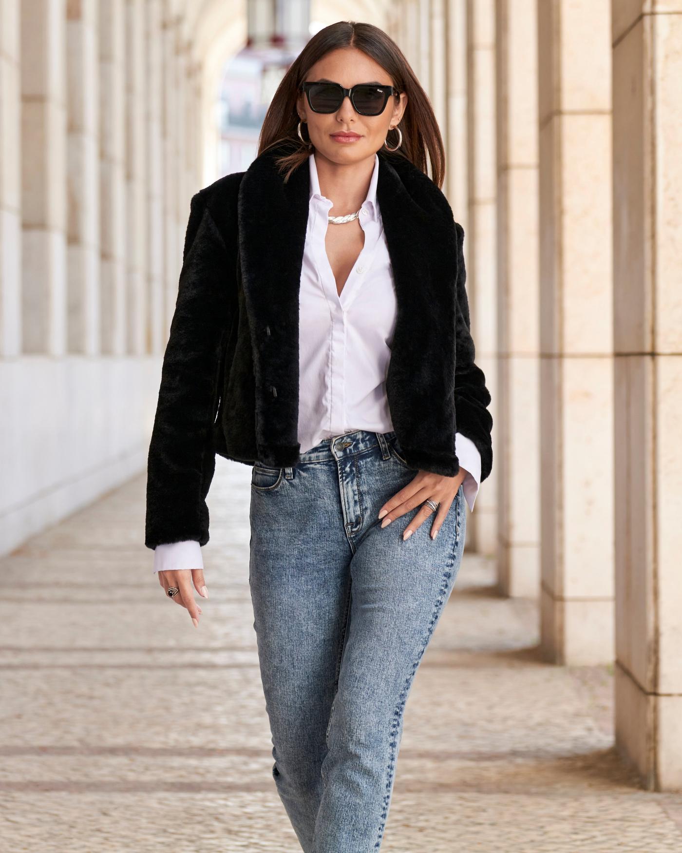 Shawl Collar Versatile Faux Fur Chubby - Black | Boston Proper