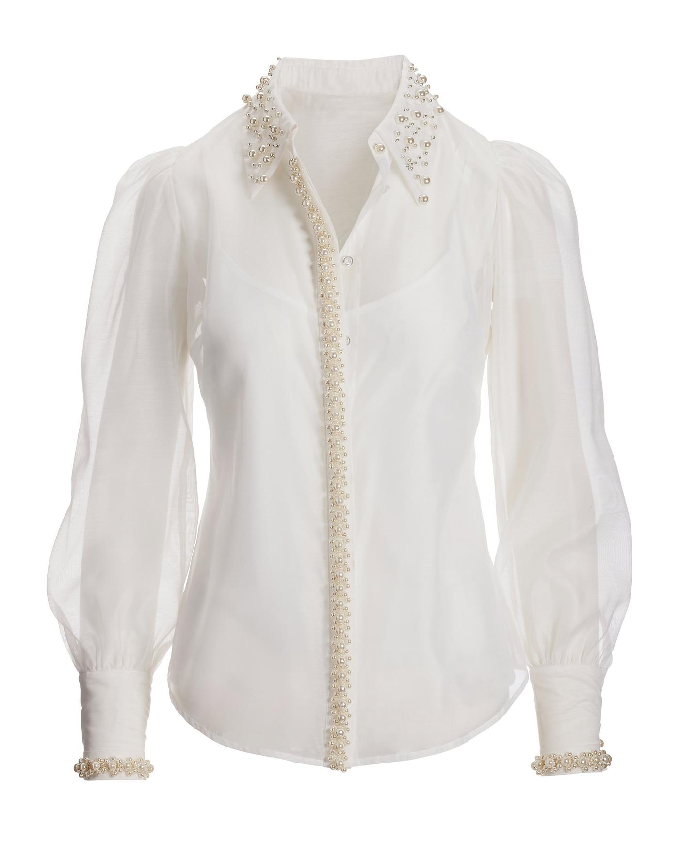 Organza Pearl Embellished Trim Victoria Drama Sleeve Shirt - White