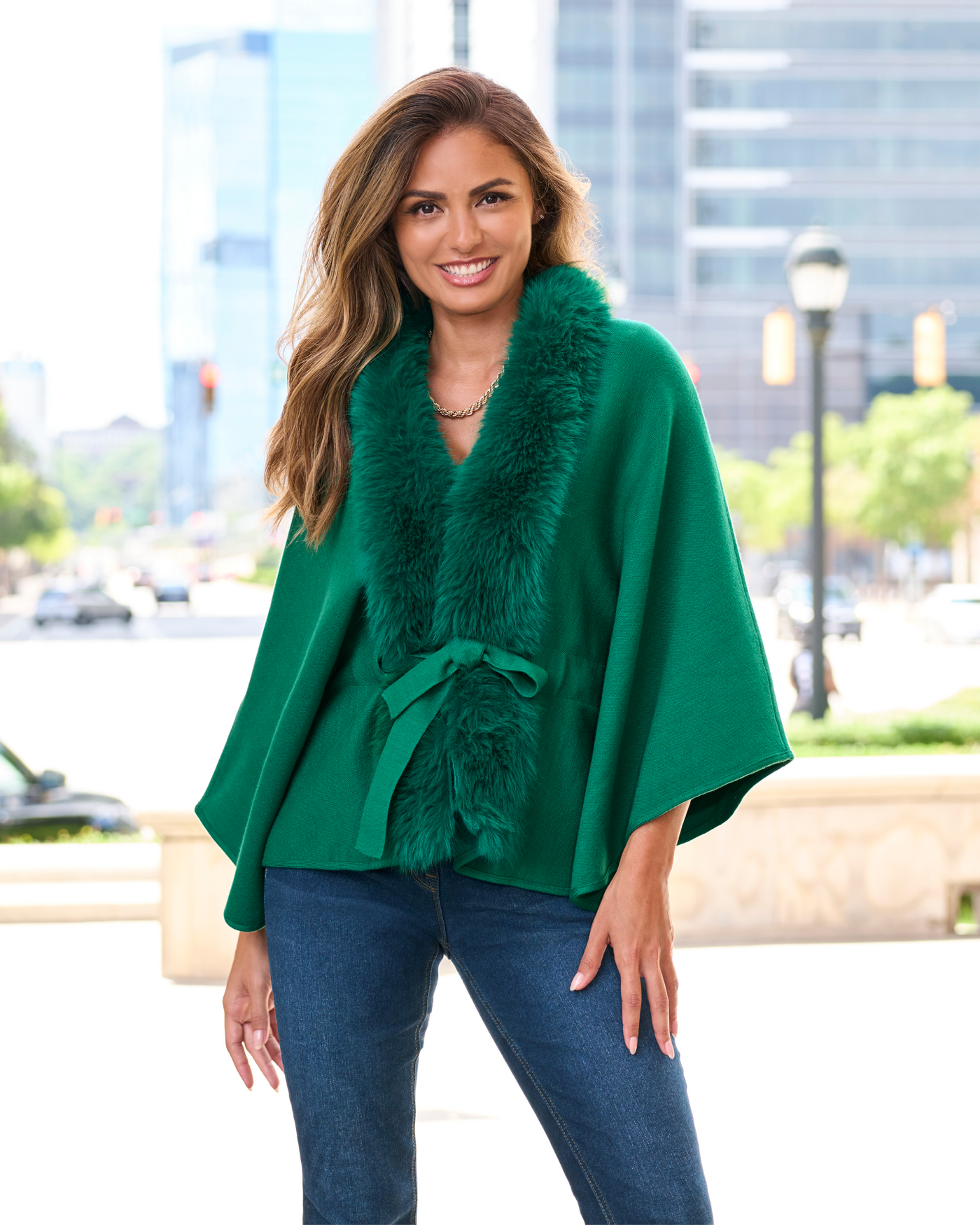 Faux Fur Tie Waist Poncho Ultramarine Green | Boston Proper
