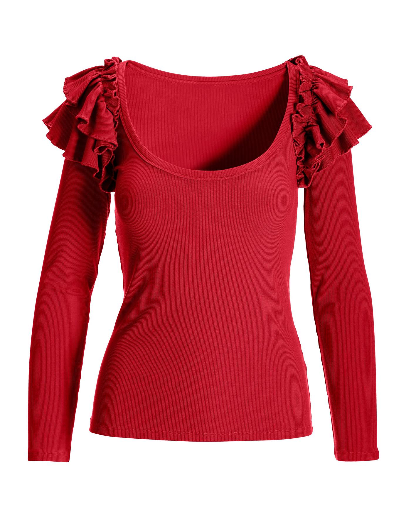 So Essential Ruffle Ribbed Long Sleeve Top - Racing Red