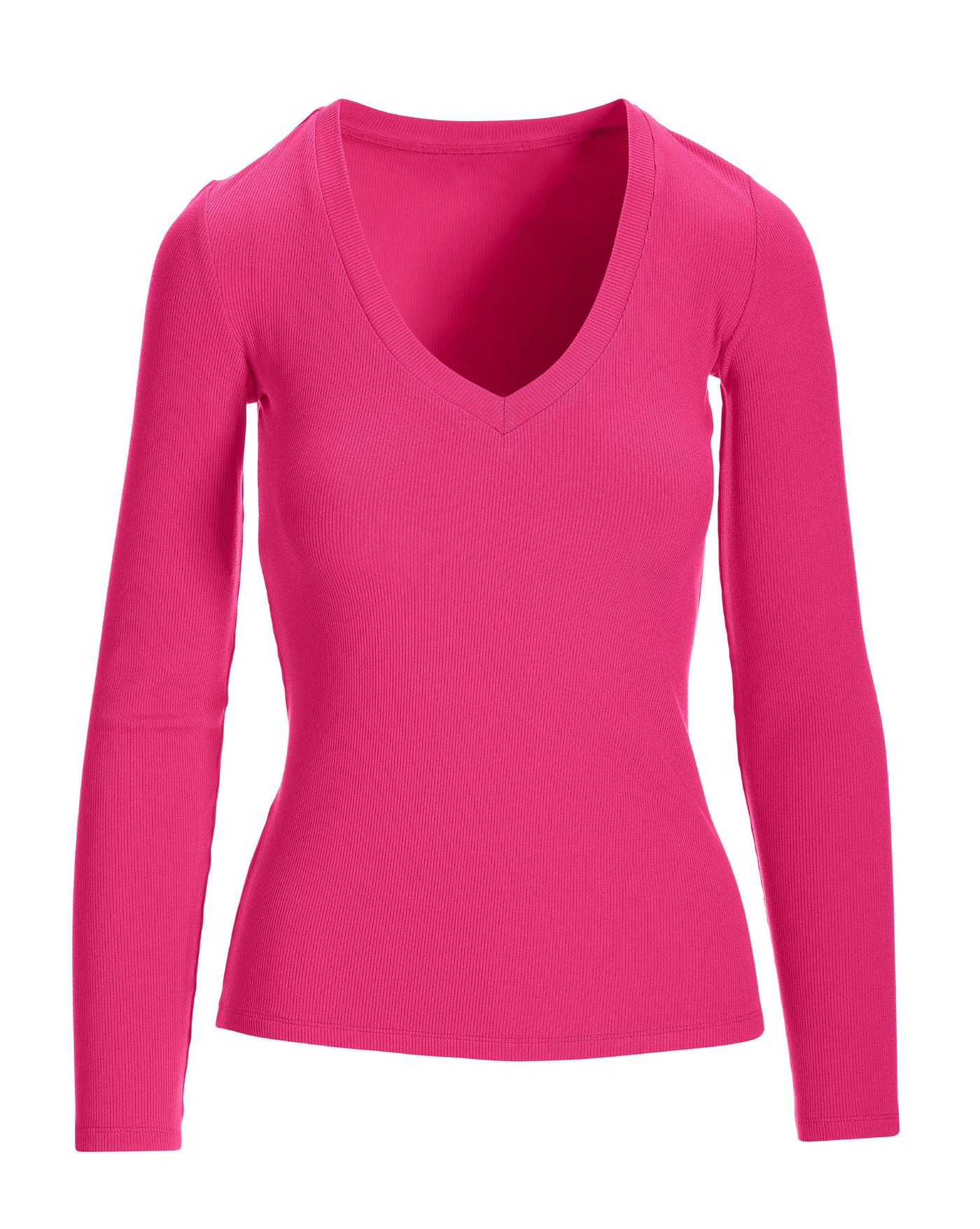 Amoretu Women's V-Neck Long Sleeve Top | Plain Pullover Blouse In Rayon/Spandex (Pink, M)