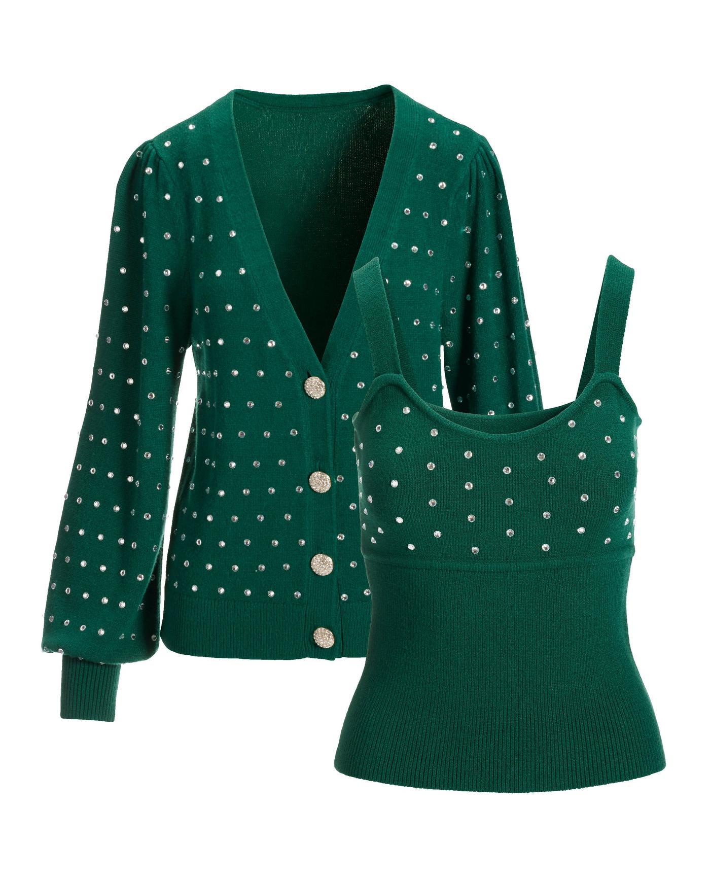 Rhinestone Embellished Button Up Cardigan Set - Deep Emerald Rhinestone Embellished Button Up Cardigan Set - Deep Emerald